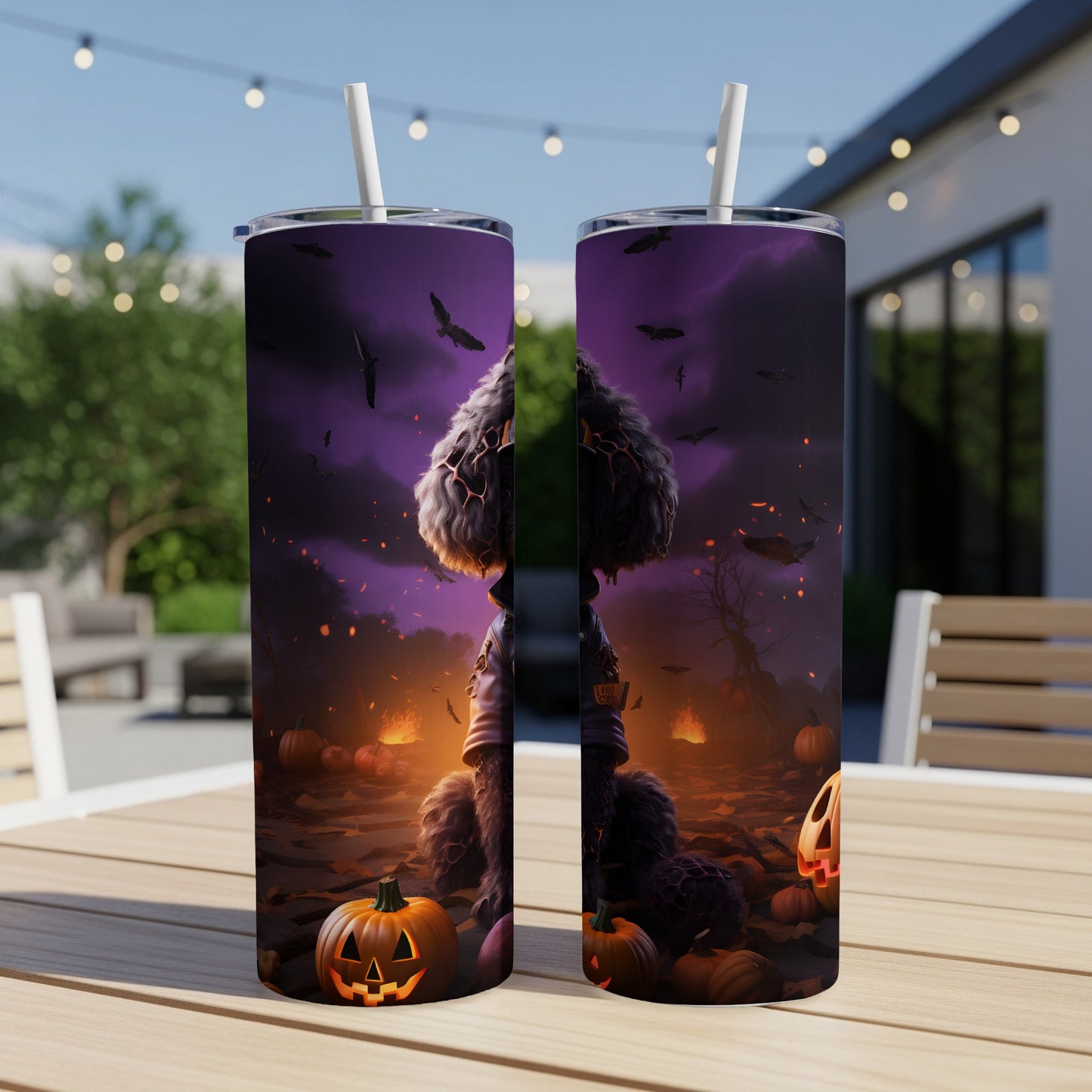 Two tumblers with a Halloween theme showing a fuzzy creature surrounded by pumpkins and bats.