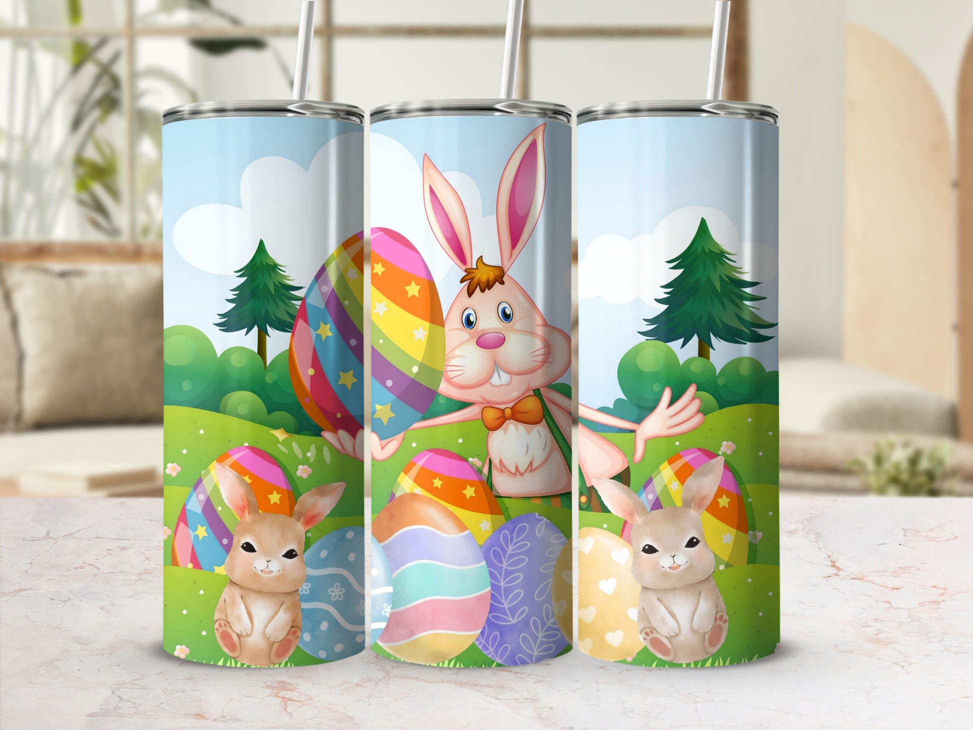 Colorful Easter Bunny and Eggs Tumbler with Straw