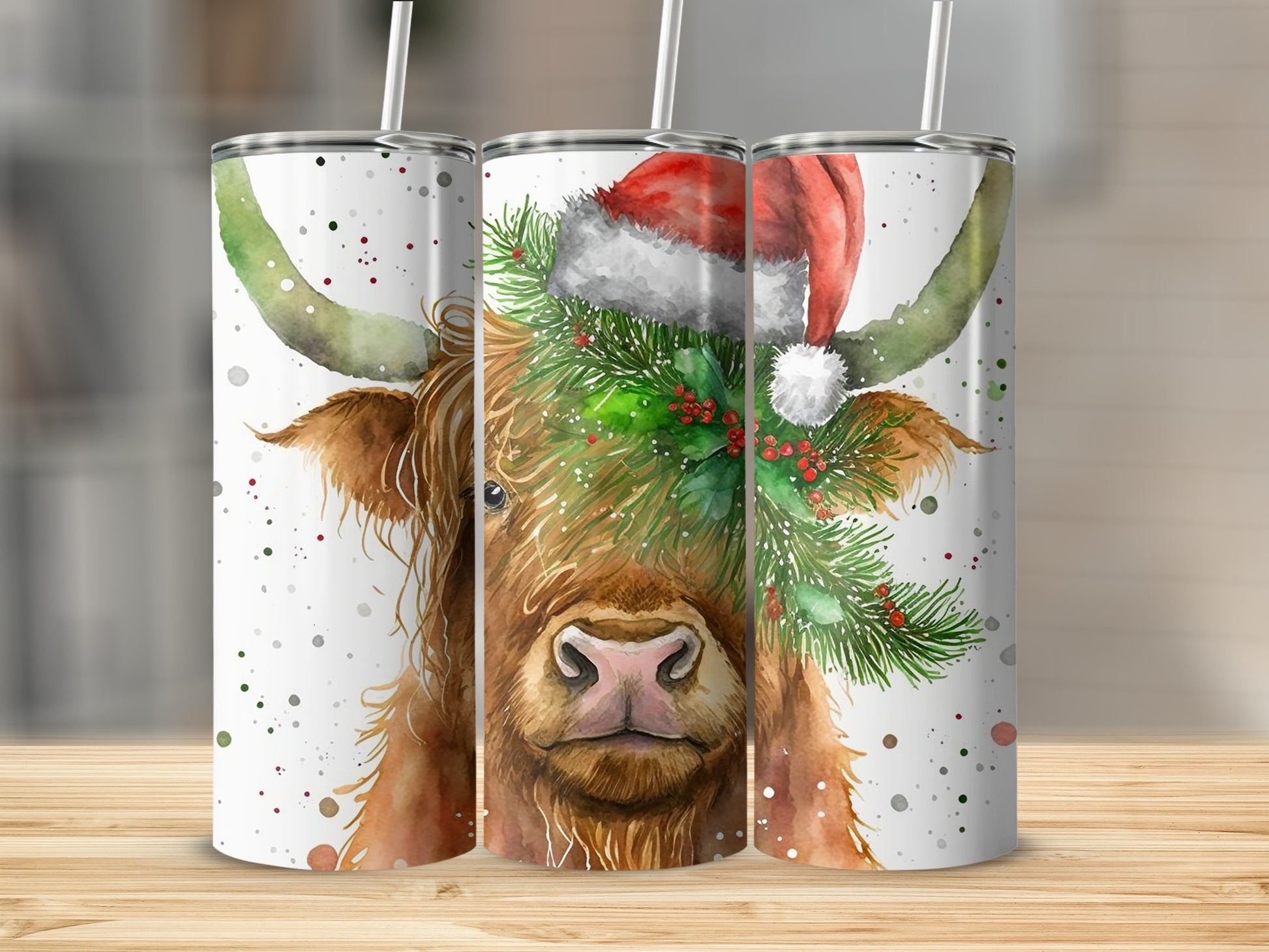 Highland cow wearing a Santa hat and festive greenery.