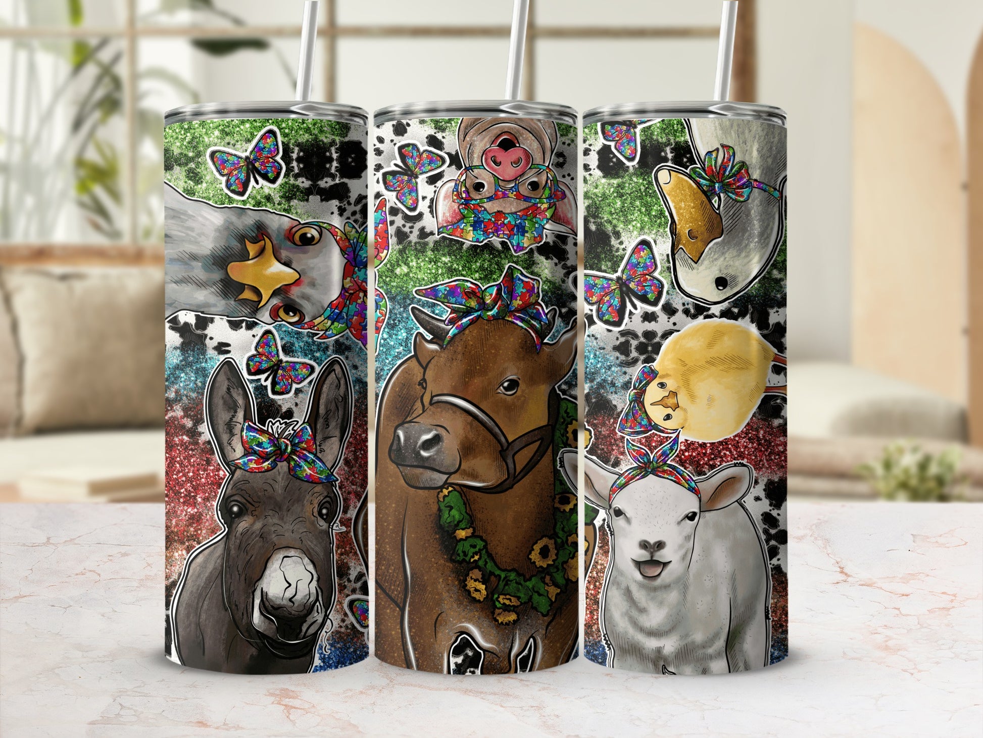 Farm animals with butterflies and floral patterns on colorful skinny tumblers.