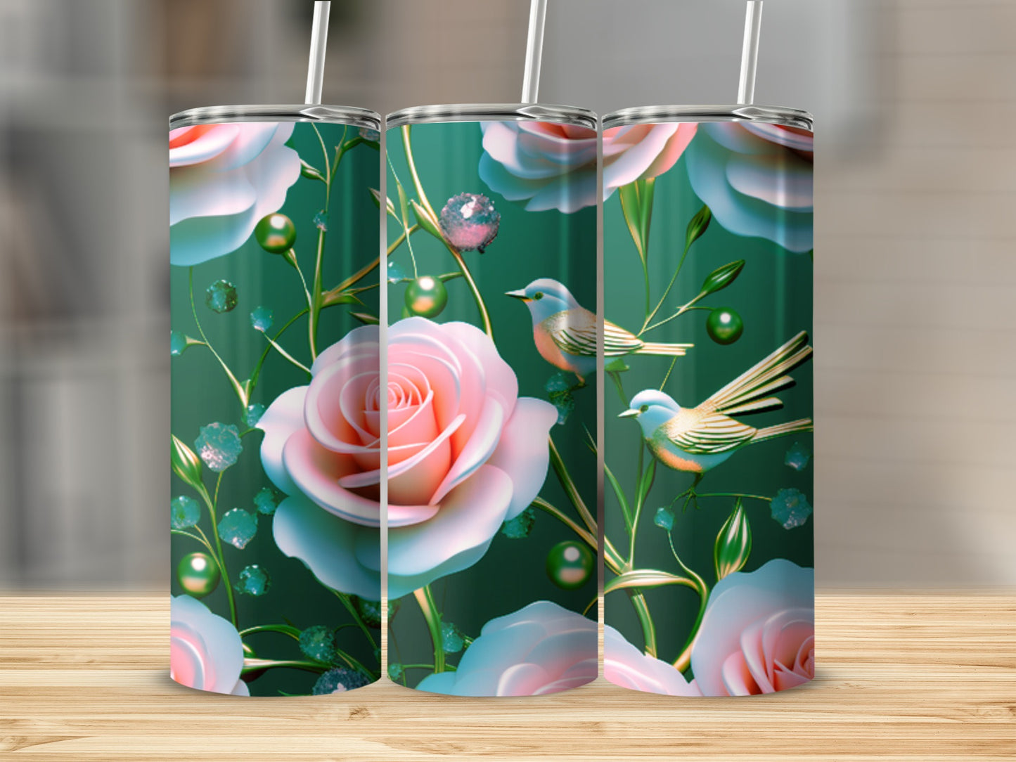 Pink roses and birds on a teal background.