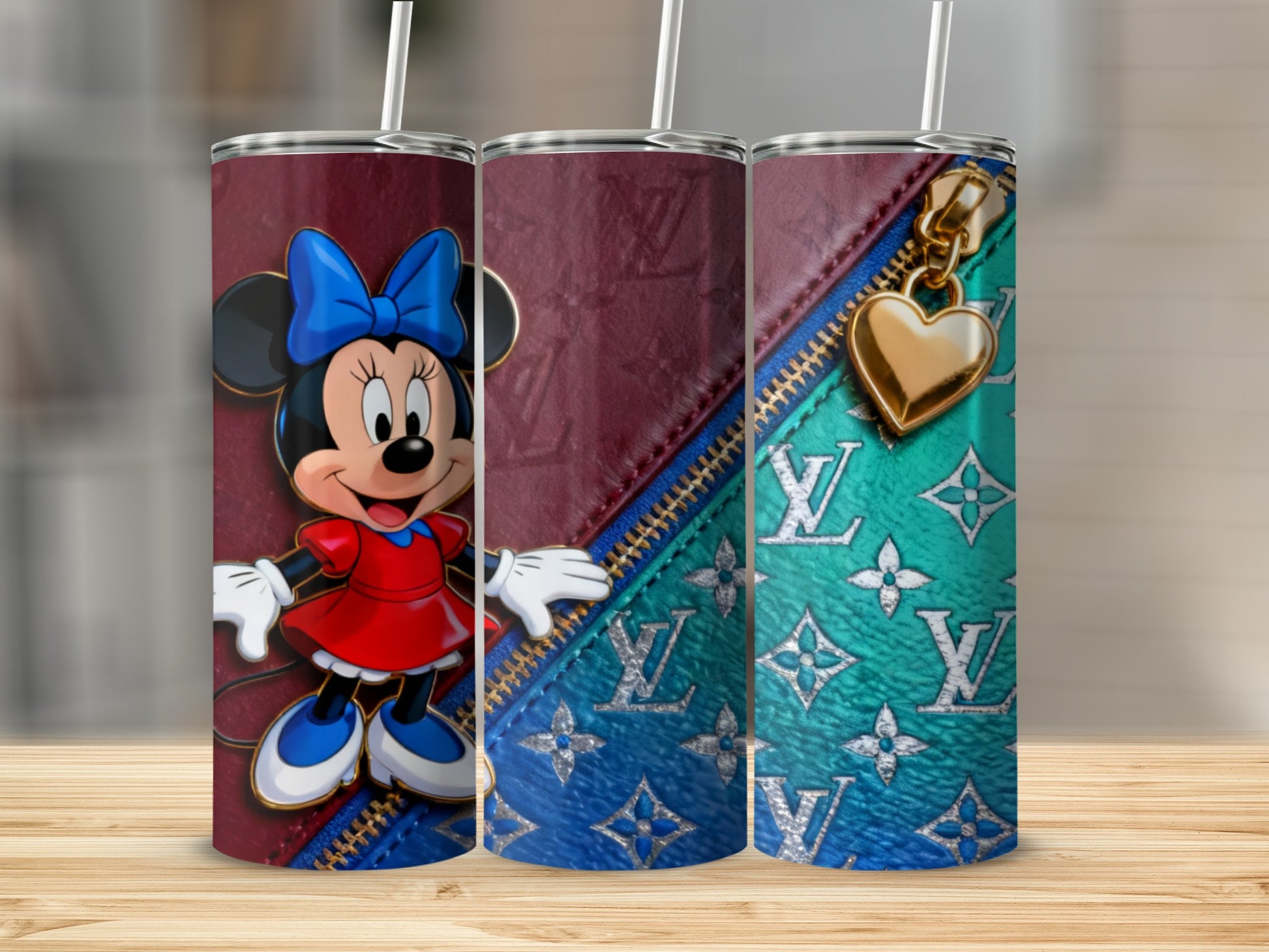 Minnie Mouse on burgundy and teal LV patterned tumbler with gold zipper.