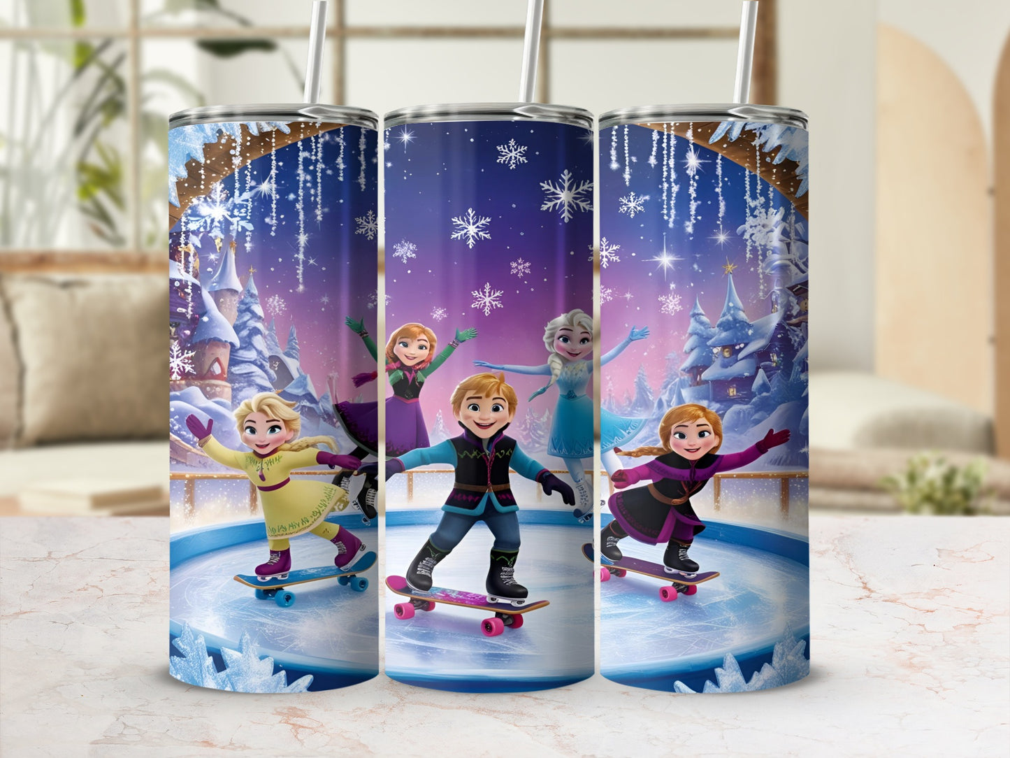 Frozen characters on skateboards in front of a winter castle and snowflakes.