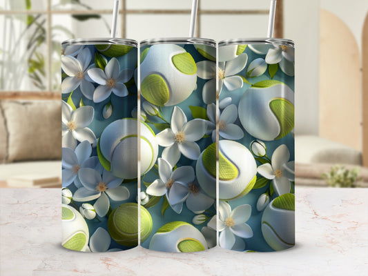 Three tumblers with a floral and tennis ball design.