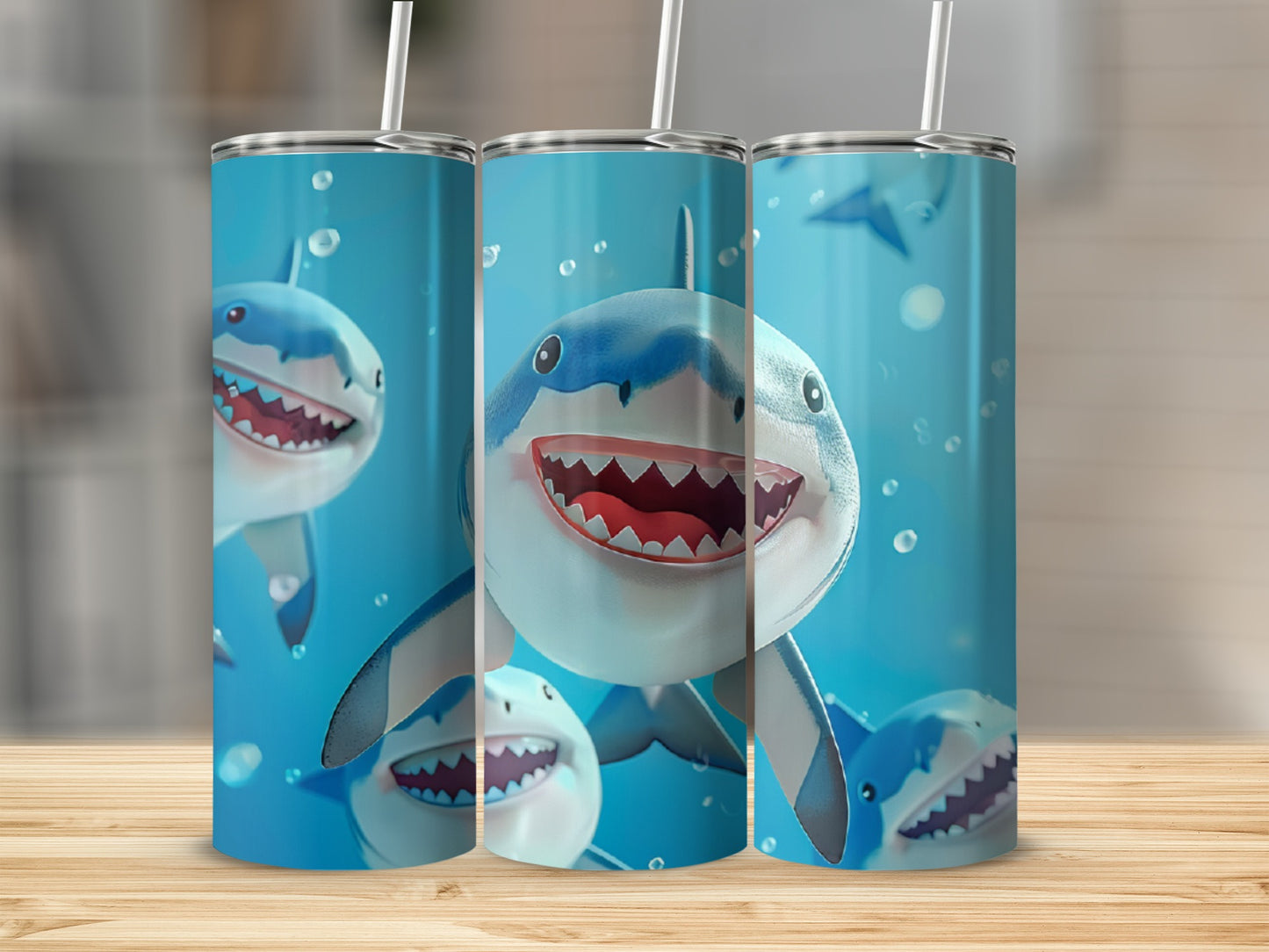 Three cartoon sharks with wide smiles and straws on a teal background.