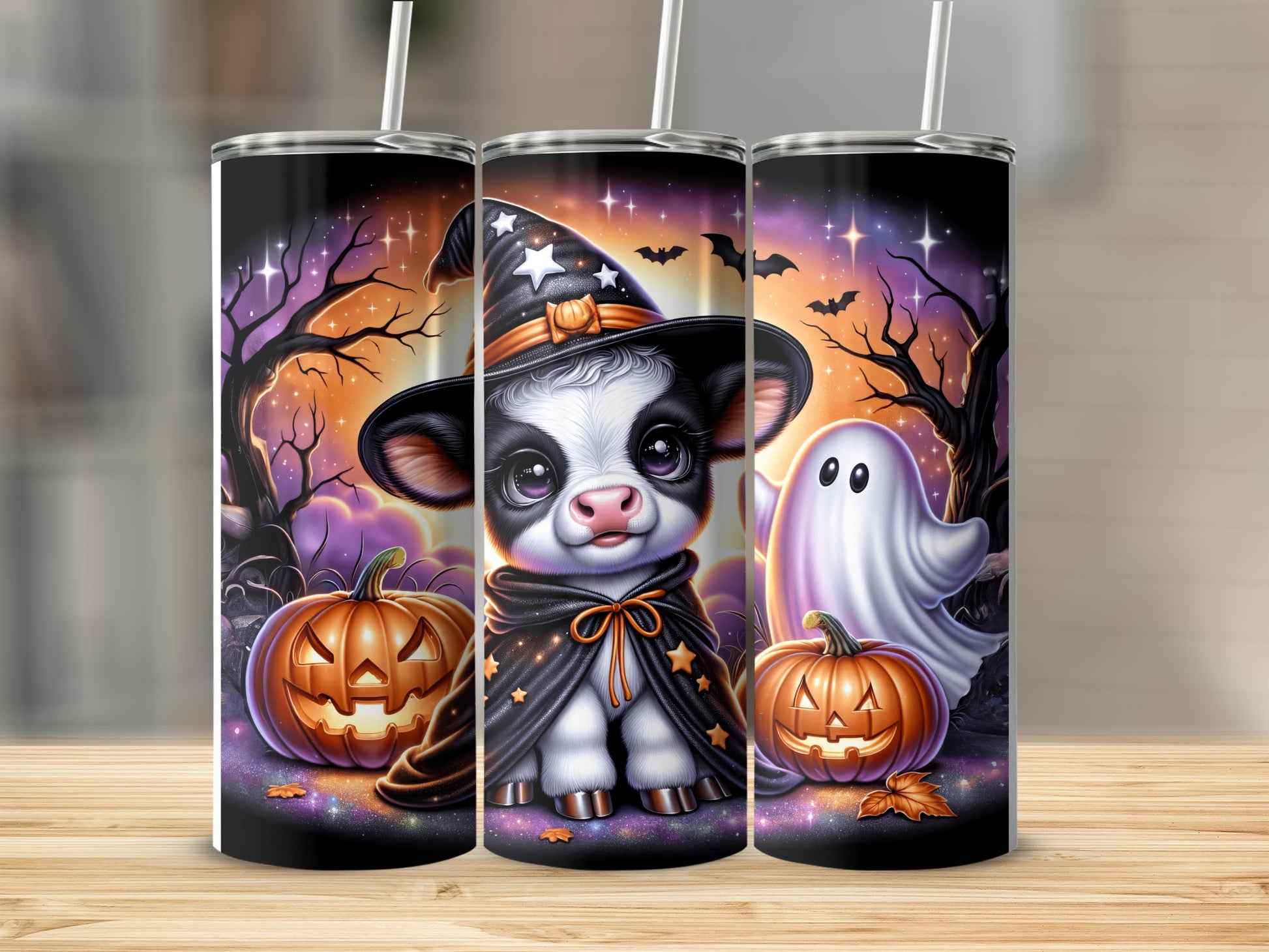Cow in Halloween costume with pumpkins and ghost on starry background.