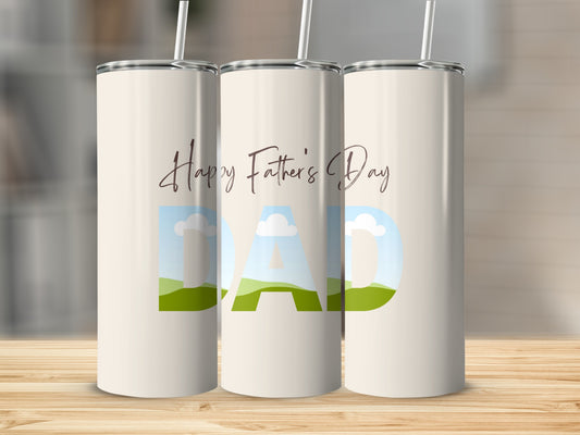 Three tumblers with "Happy Father's Day" and "DAD" designs featuring landscapes.
