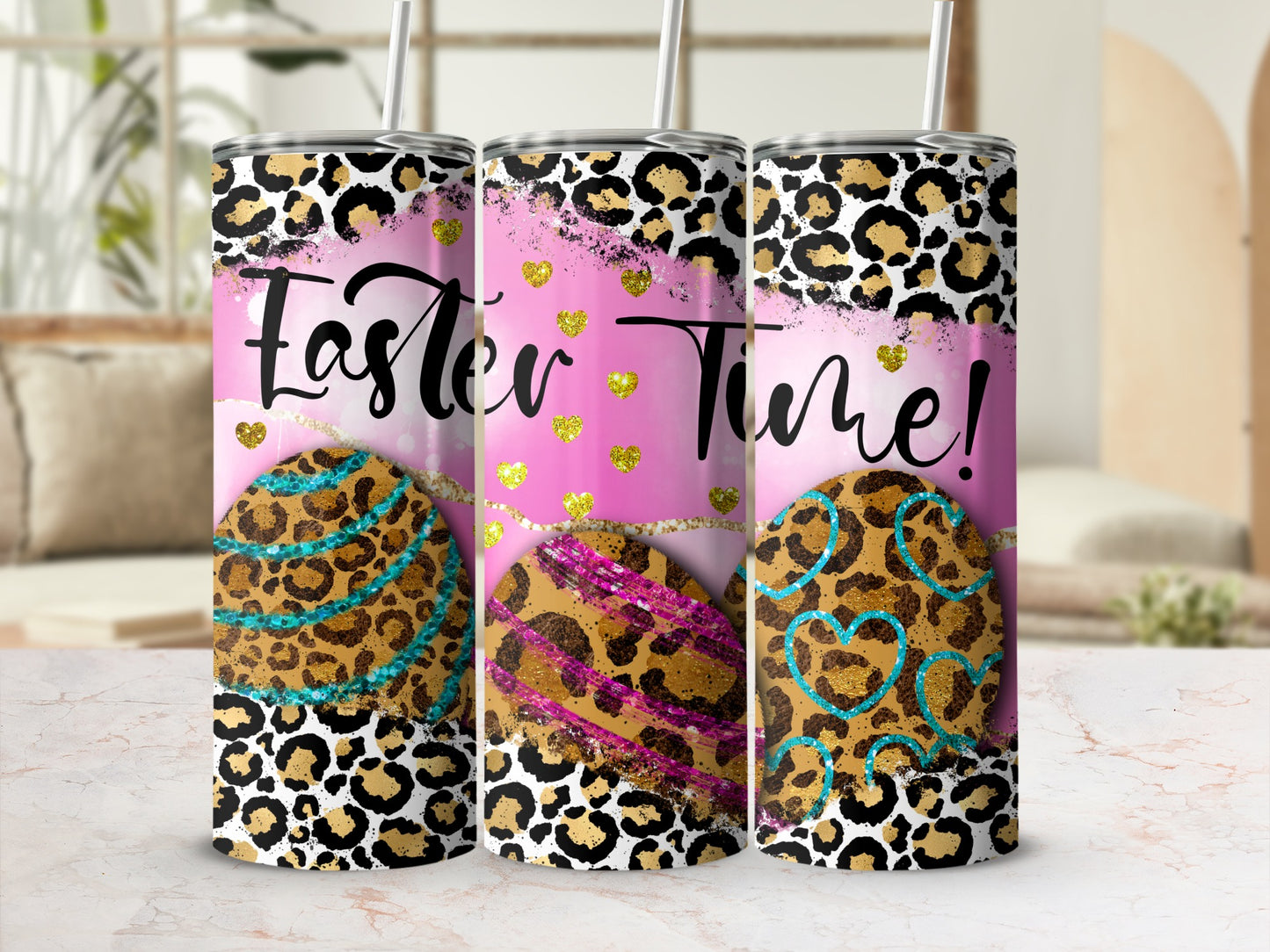 Easter Time tumbler with leopard print and patterned Easter eggs.