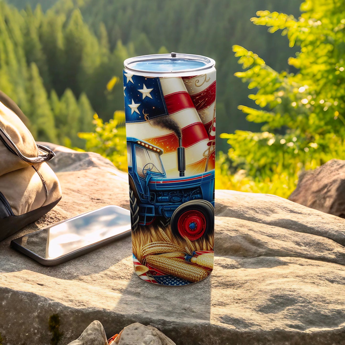 Blue tractor with American flag and corn on a patriotic tumbler.