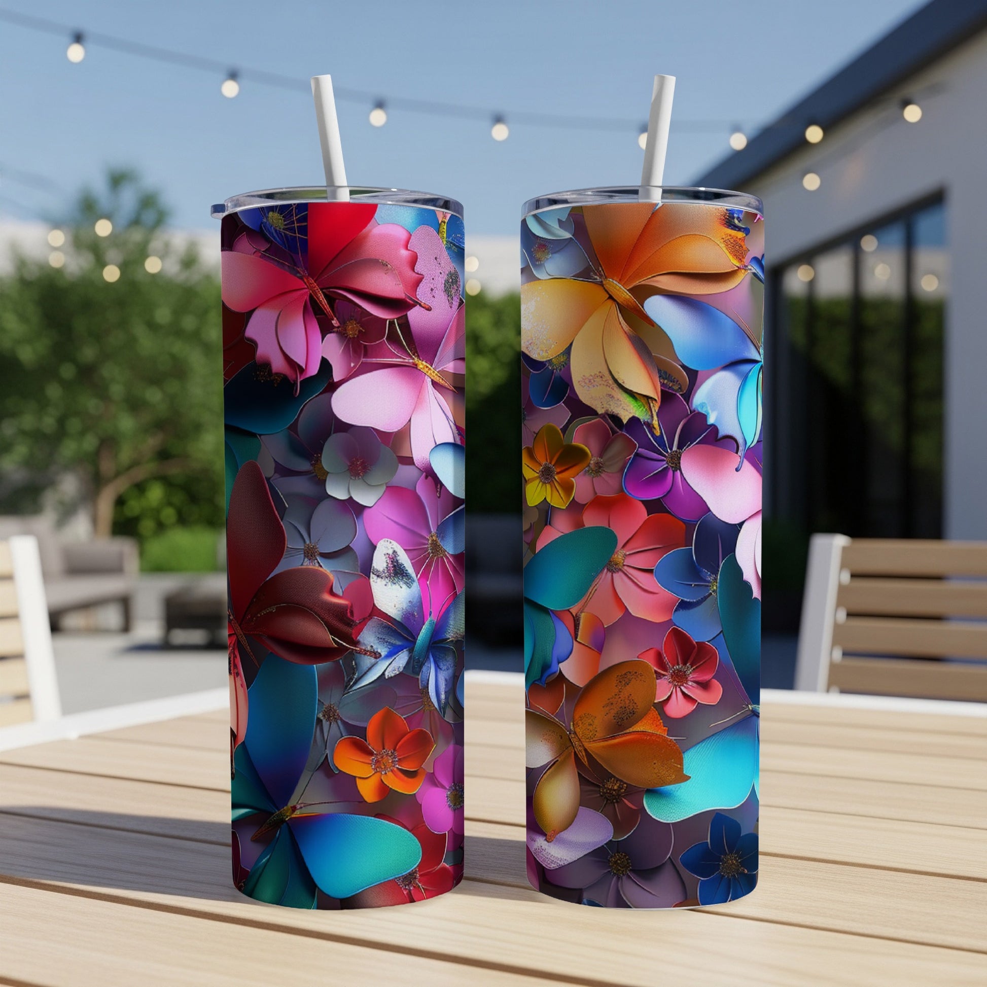Two tall, colorful tumblers with floral and butterfly designs on a wooden table.