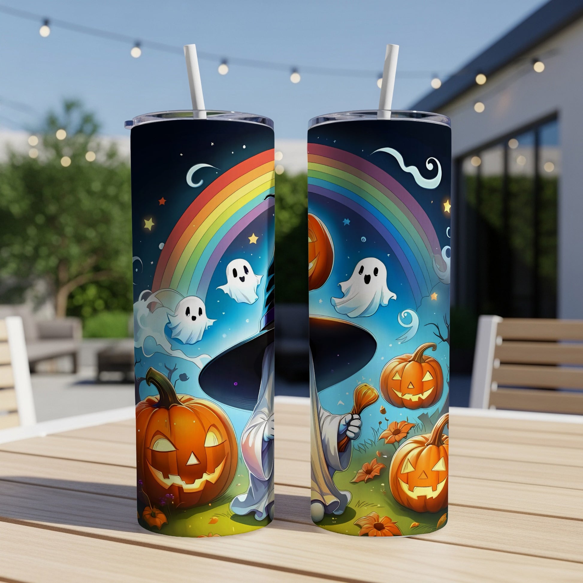 Halloween tumblers with pumpkins, ghosts, and a rainbow on a table.