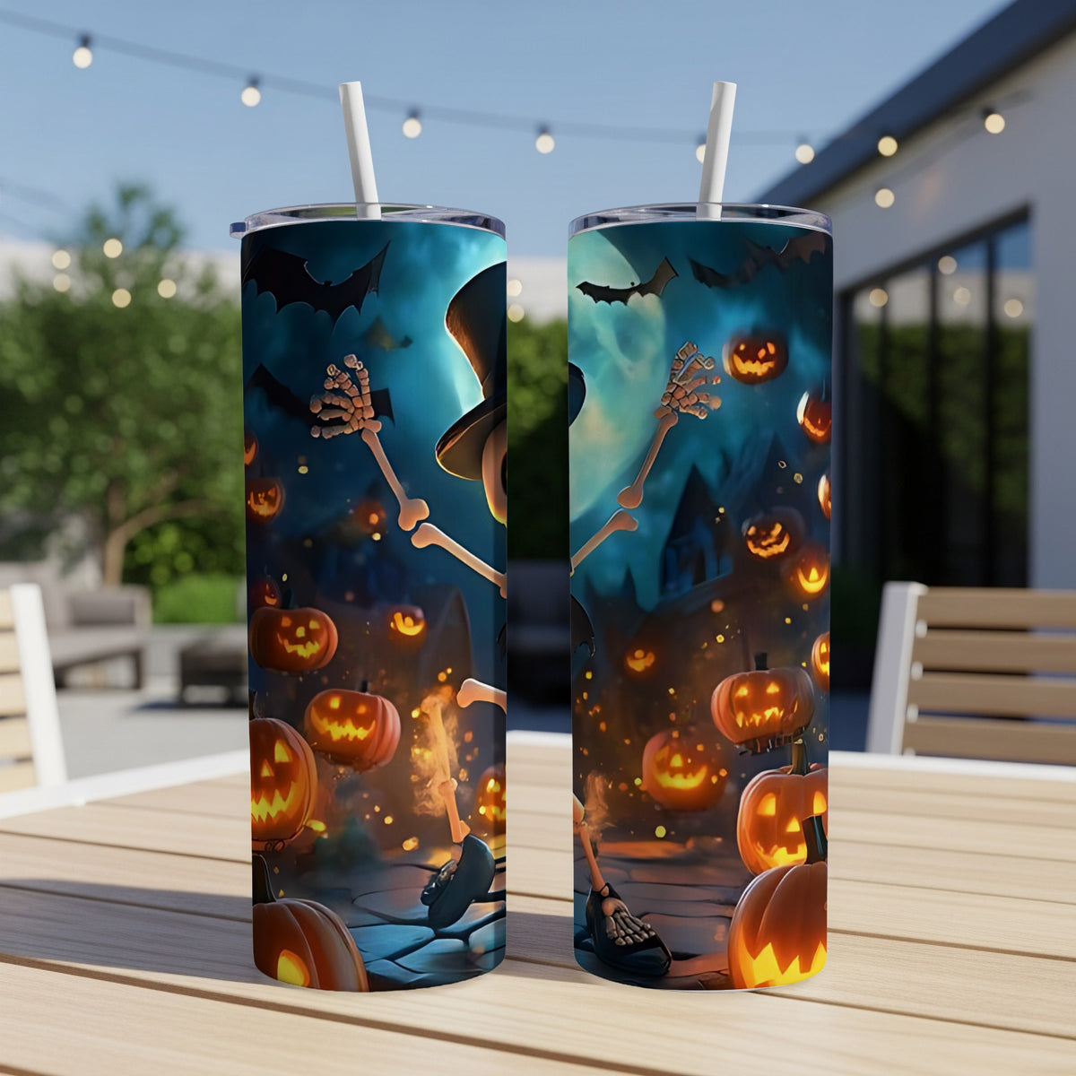 Two tumblers with a Halloween design of a skeleton and pumpkins.