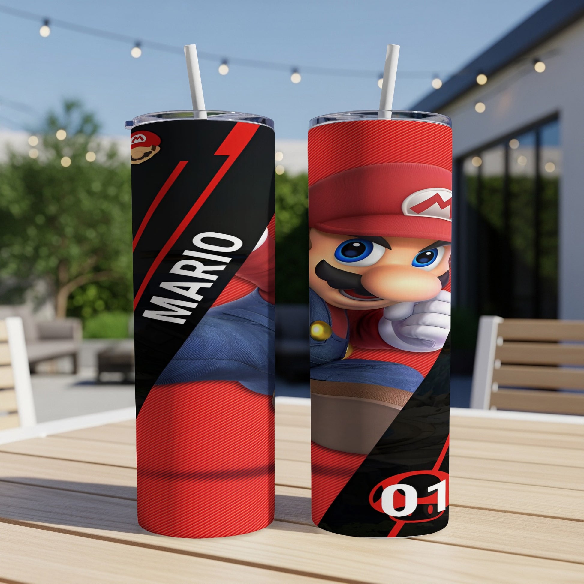 Mario character on a red and black patterned tumbler with "MARIO" text.