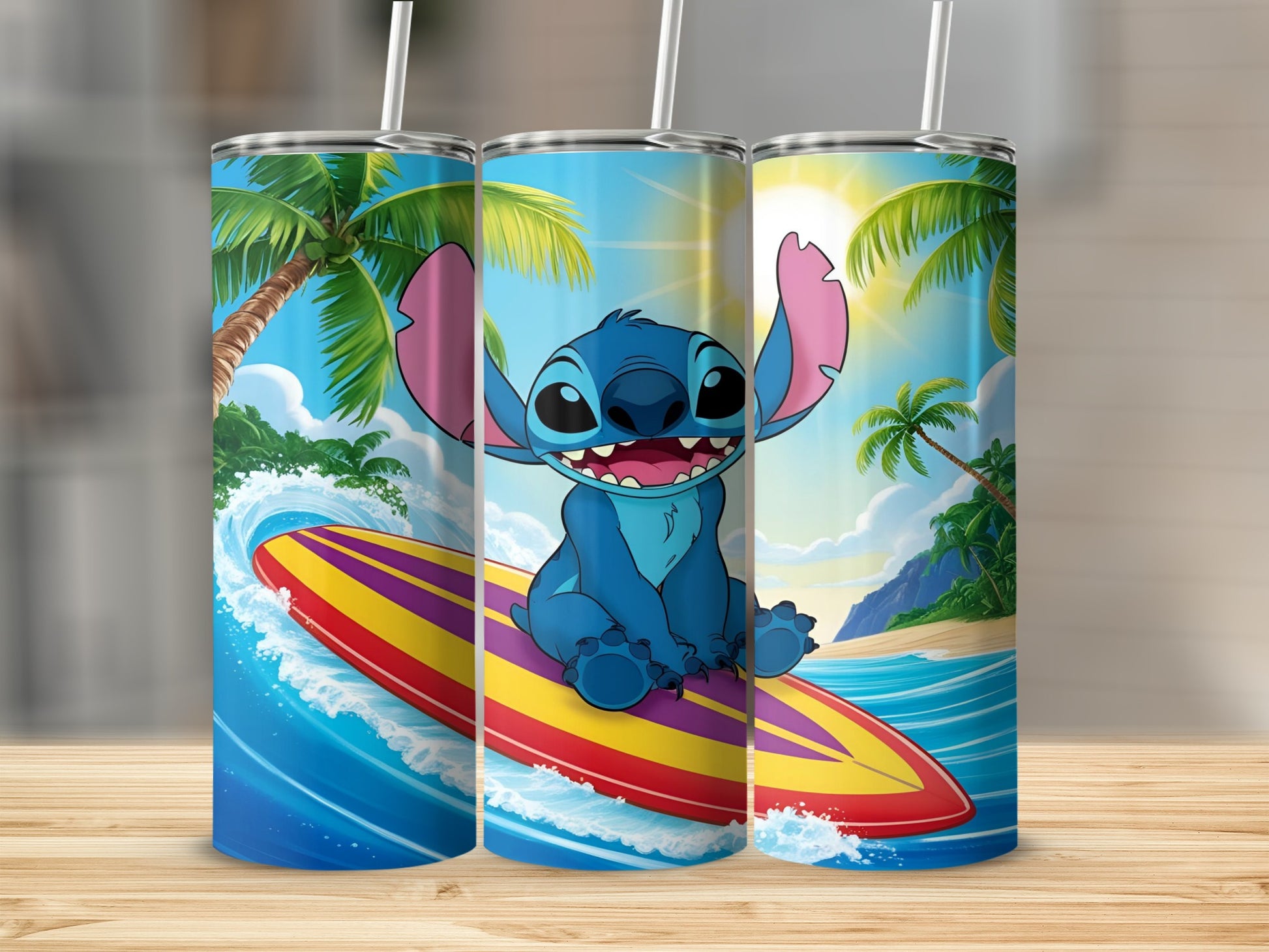 Stitch on a surfboard in the ocean with palm trees and sun.