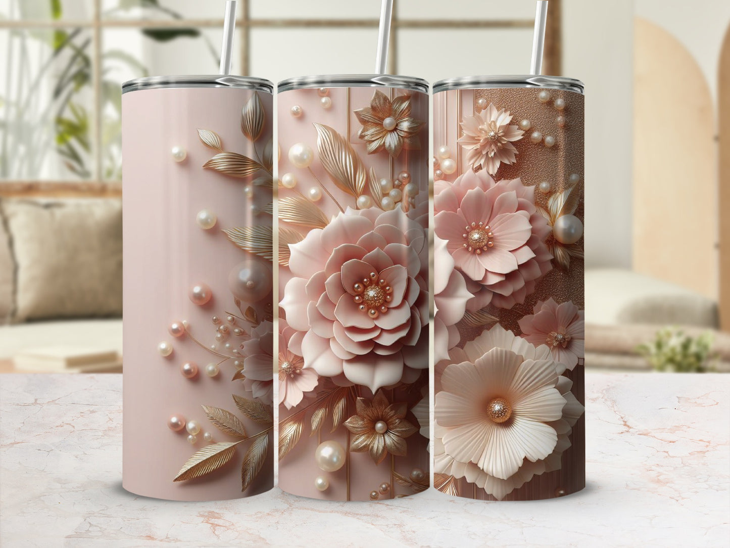 Three pink floral tumblers with pearl and gold embellishments.