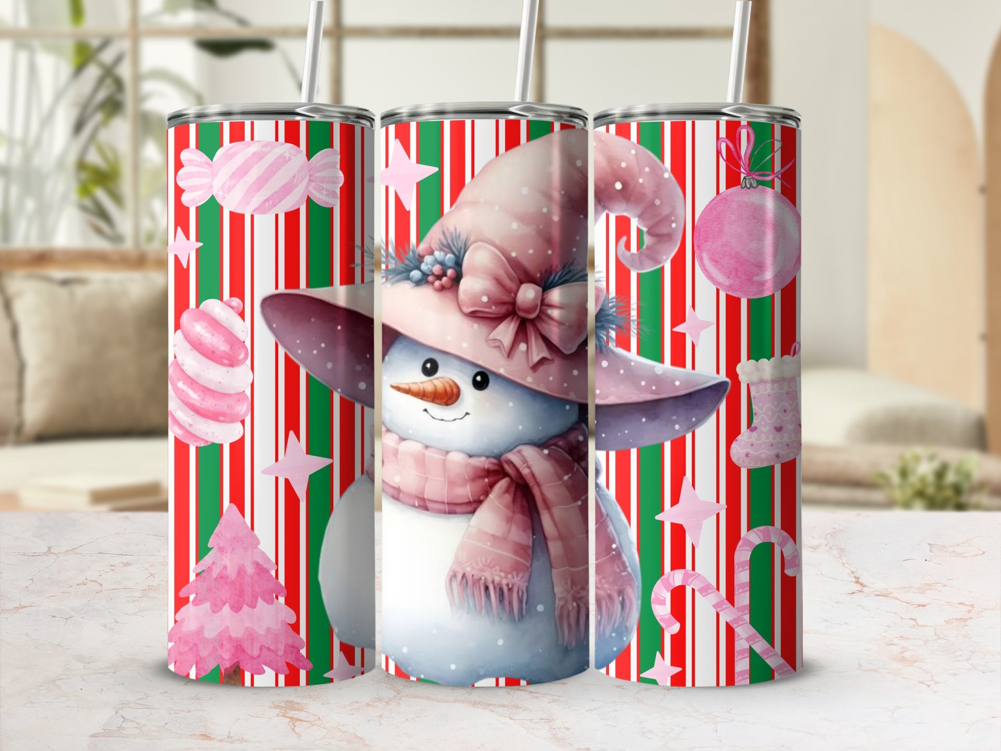 Festive Snowman Striped Christmas Tumbler Product