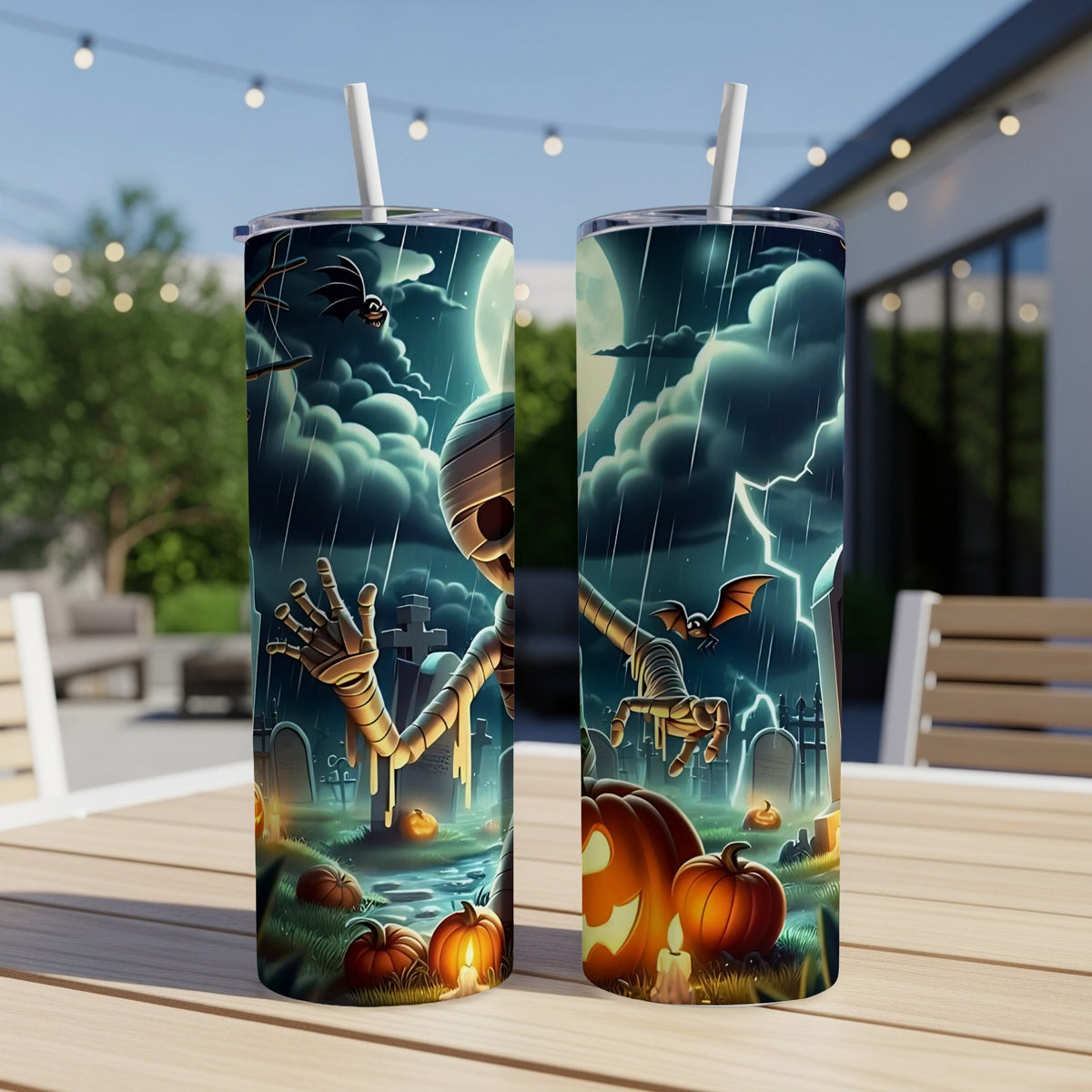 Two tumblers with a spooky Halloween graveyard scene, bats, spiders, and pumpkins.