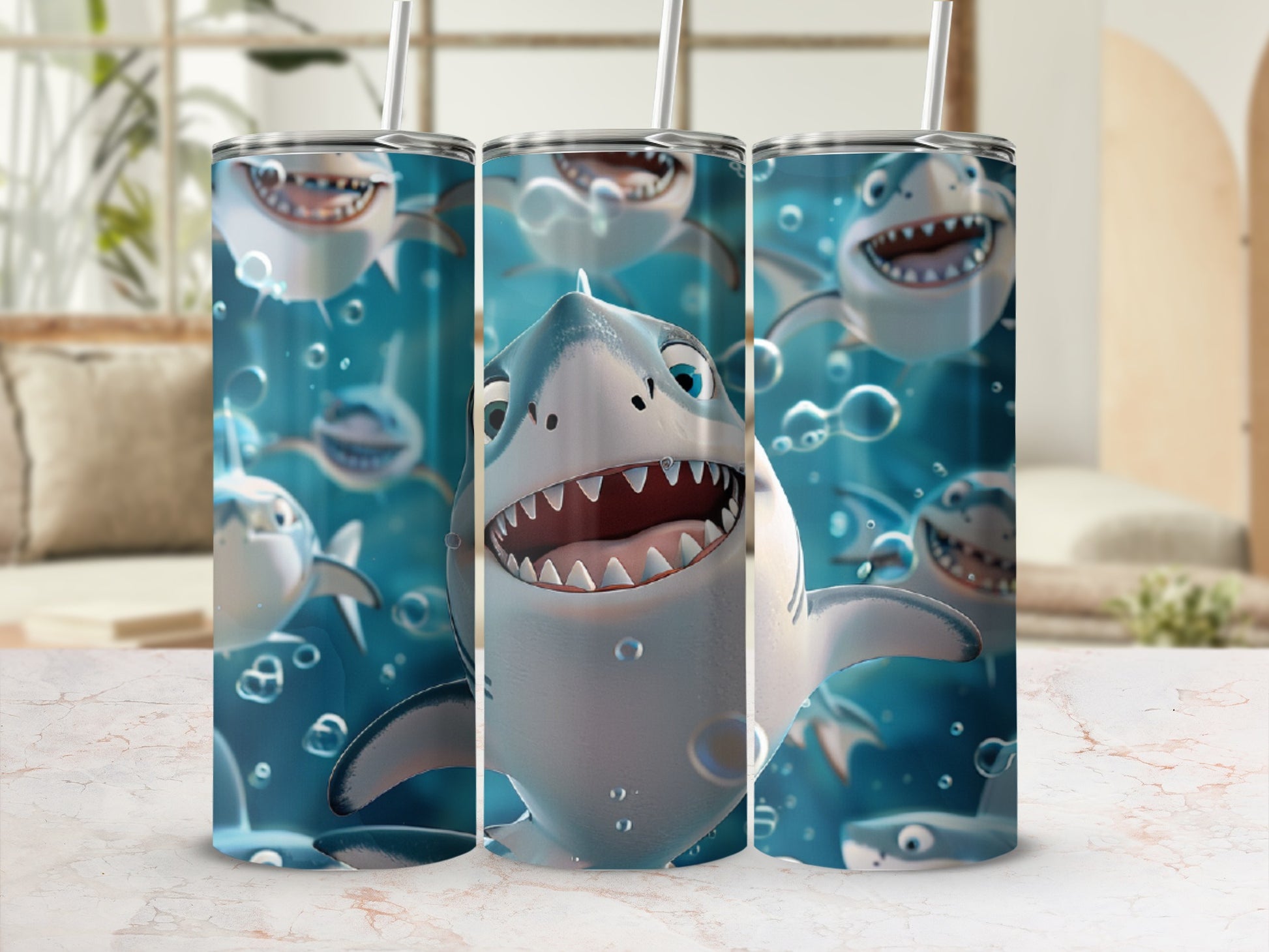 Three cartoon sharks with bubbles and straws on a white background.