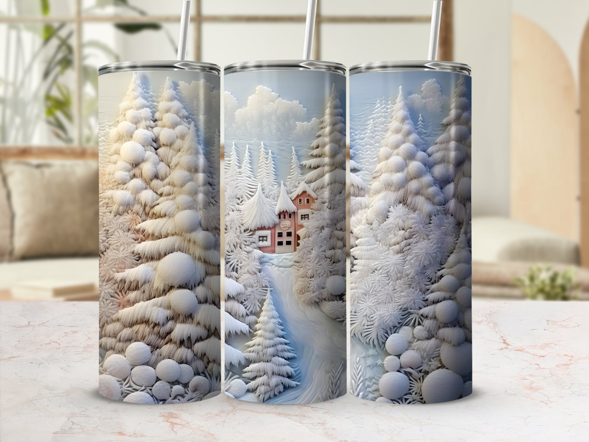 Three tumblers show a snowy village with snow-covered trees and a red-roofed house.