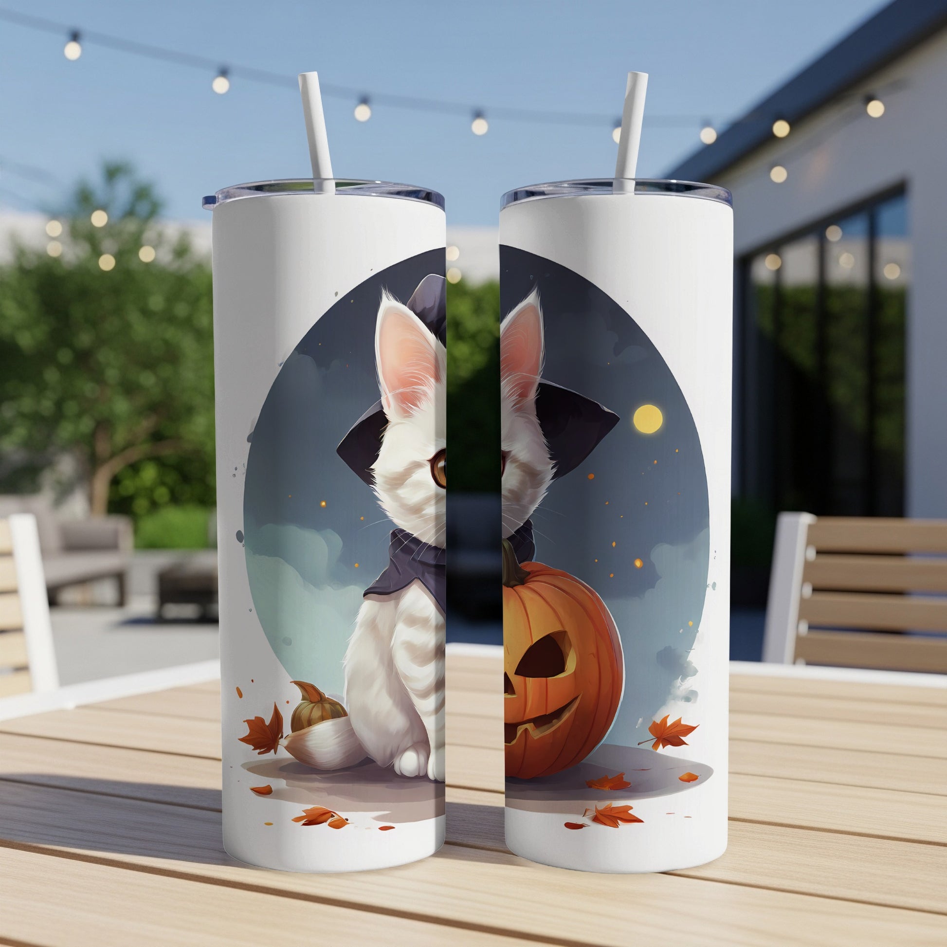 White cat in witch hat with pumpkin, autumn leaves, on a tumbler.