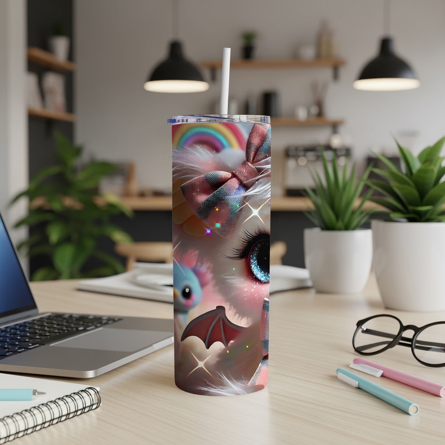 Pink dog tumbler with rainbow bow, blue wings, and sparkles.
