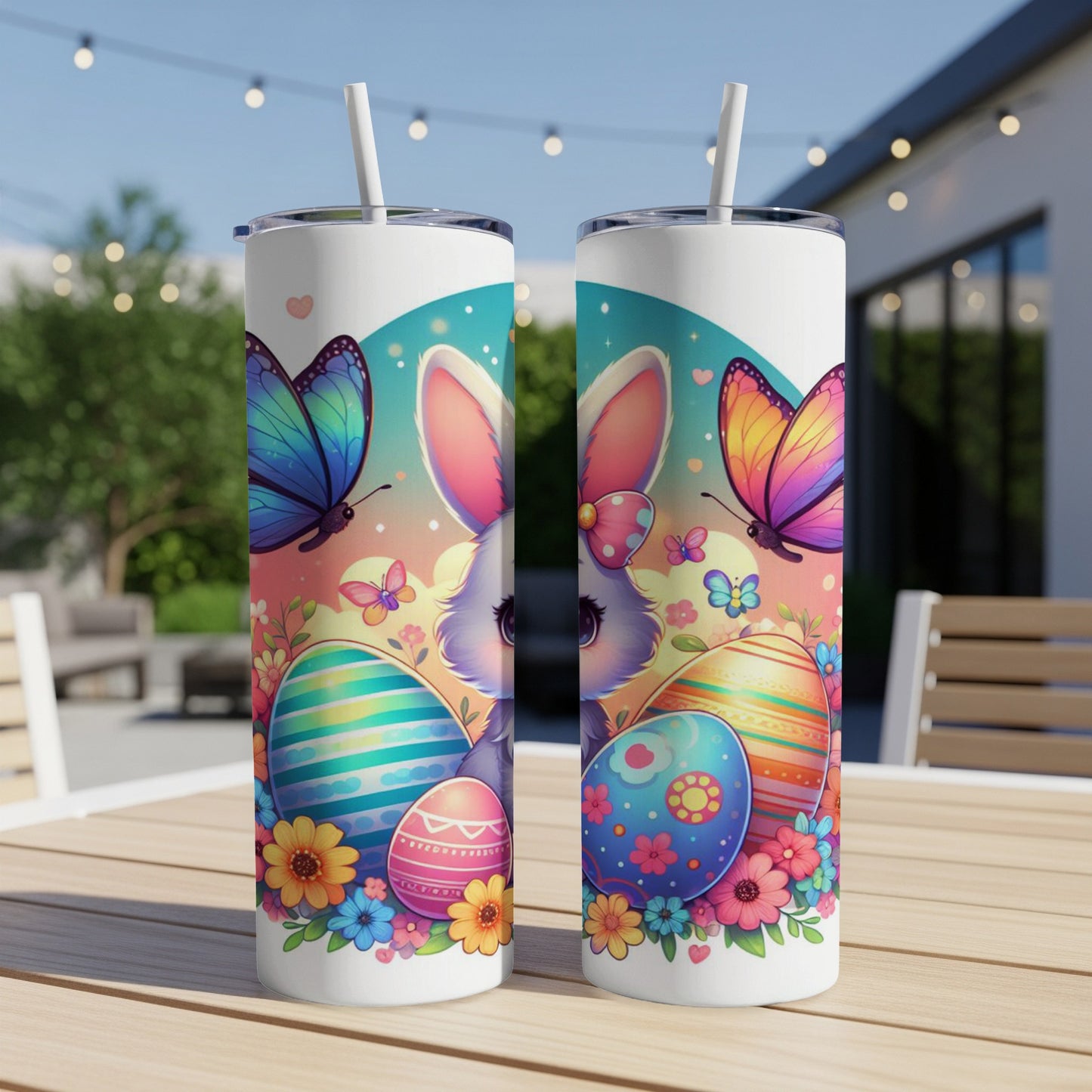 Easter bunny with colorful eggs and butterflies on a skinny tumbler.