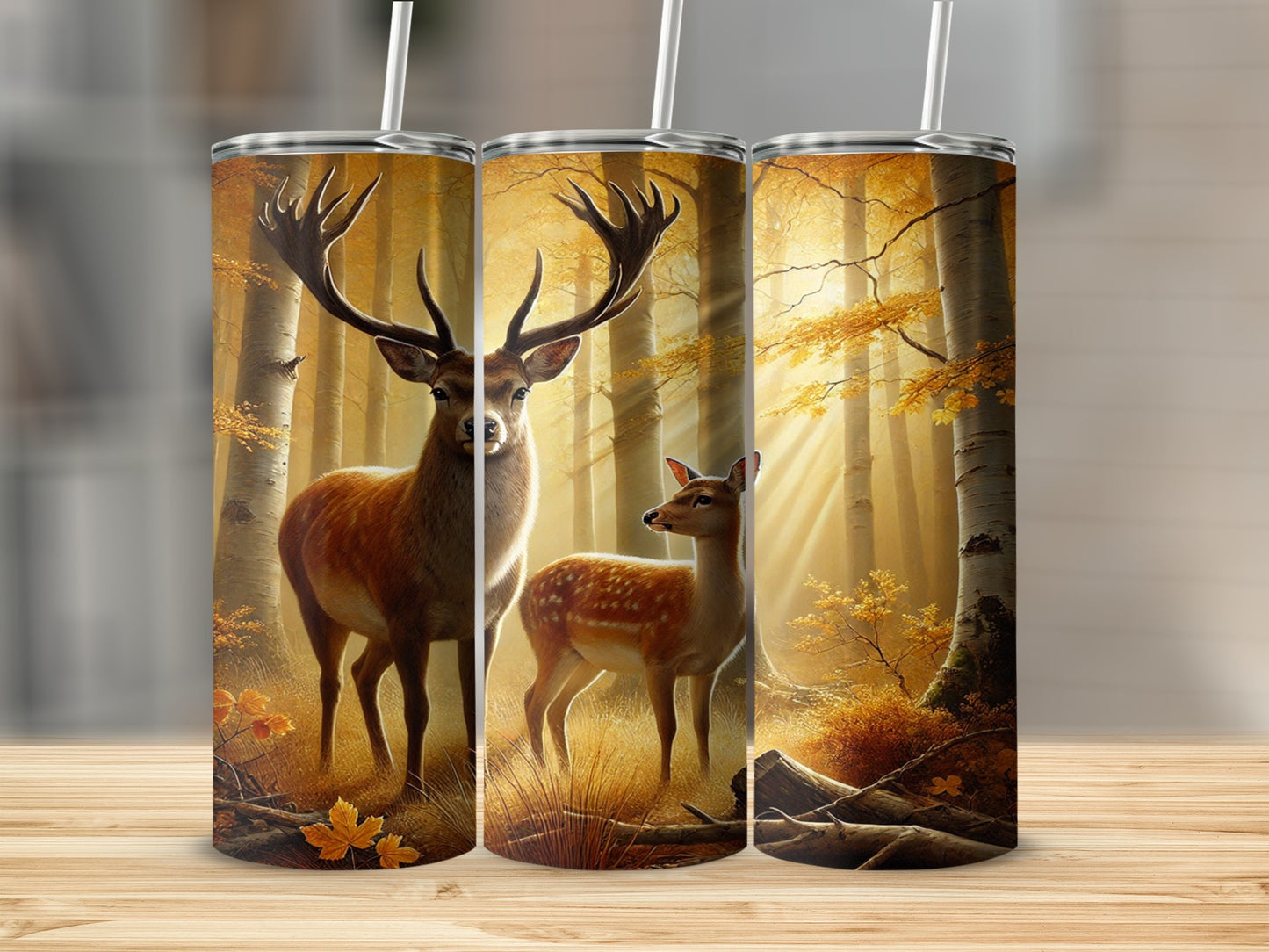 Beautiful Forest Deer Stainless Steel Tumbler with Straw