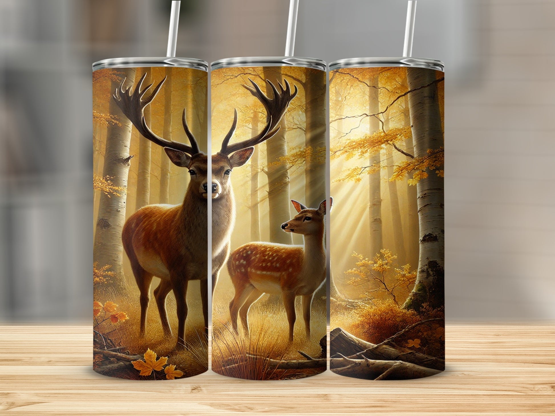 Beautiful Forest Deer Stainless Steel Tumbler with Straw