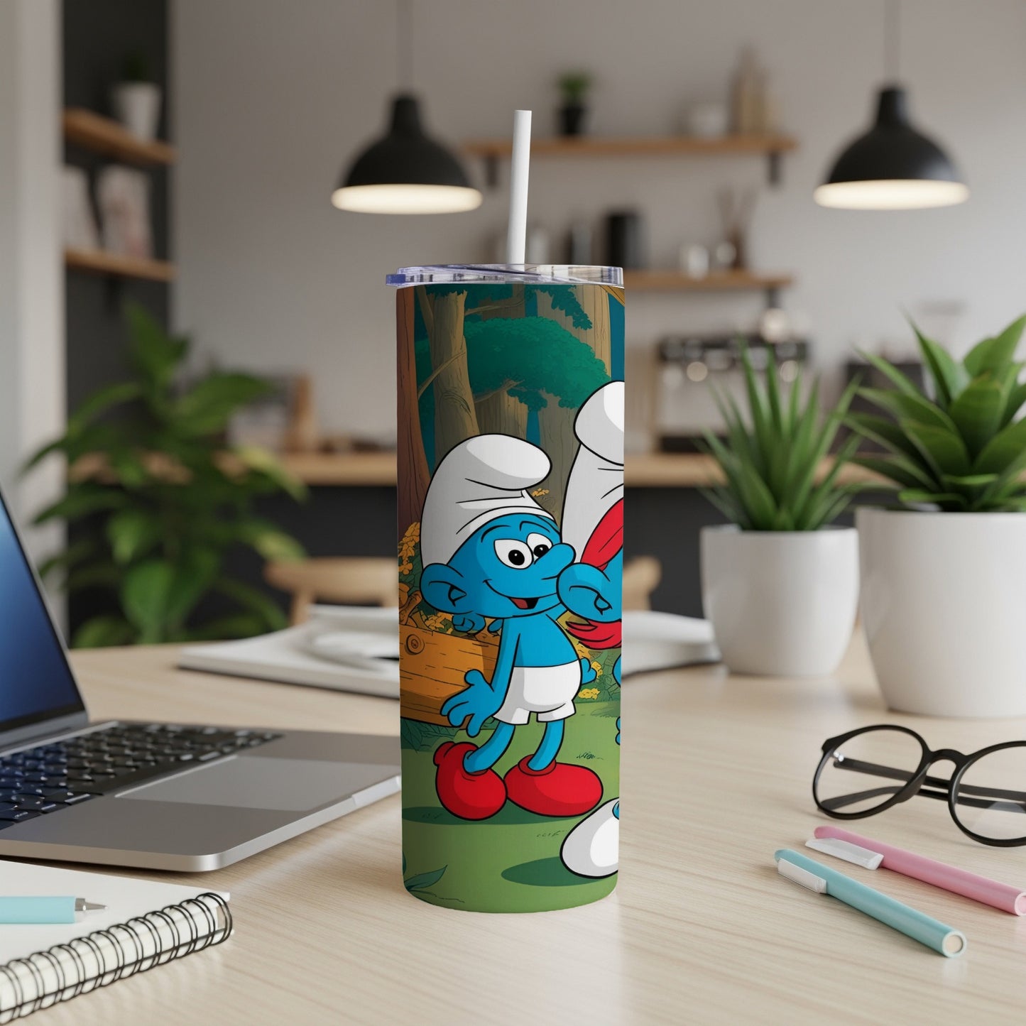 Smurf character with a chest of treasures, on a straw tumbler.