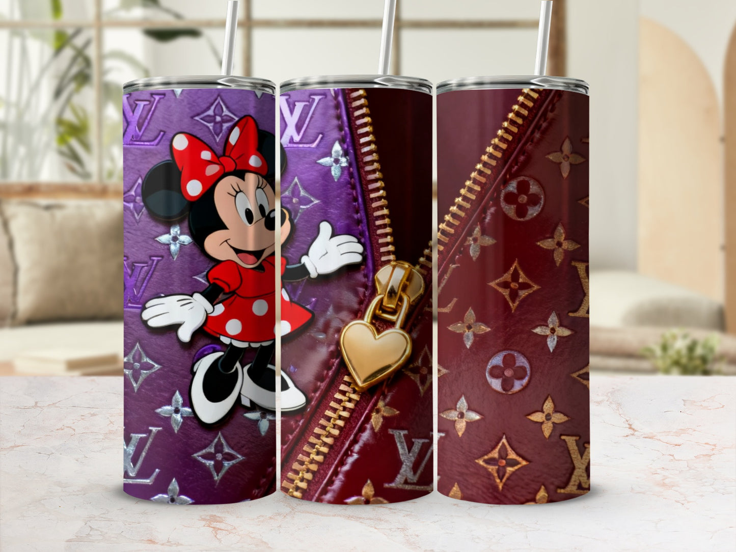 Minnie Mouse with Louis Vuitton pattern on tumbler.
