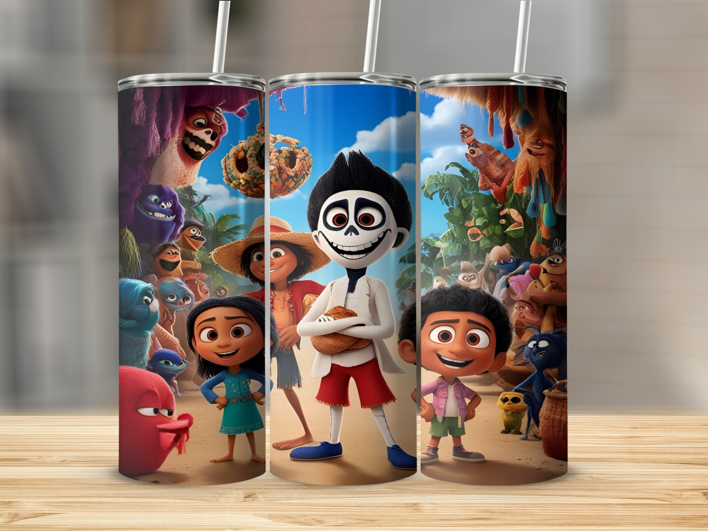 Three characters from a movie stand in front of a jungle scene.