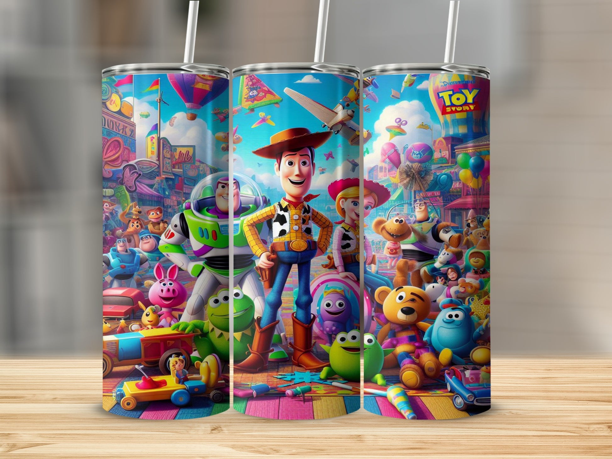 Toy Story characters Buzz Lightyear and Woody stand with other characters from the movie.