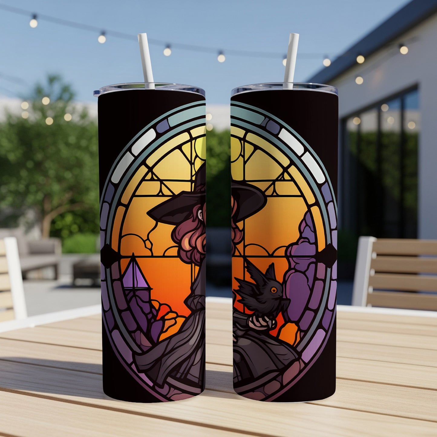 Stained glass tumbler with witch and raven design.