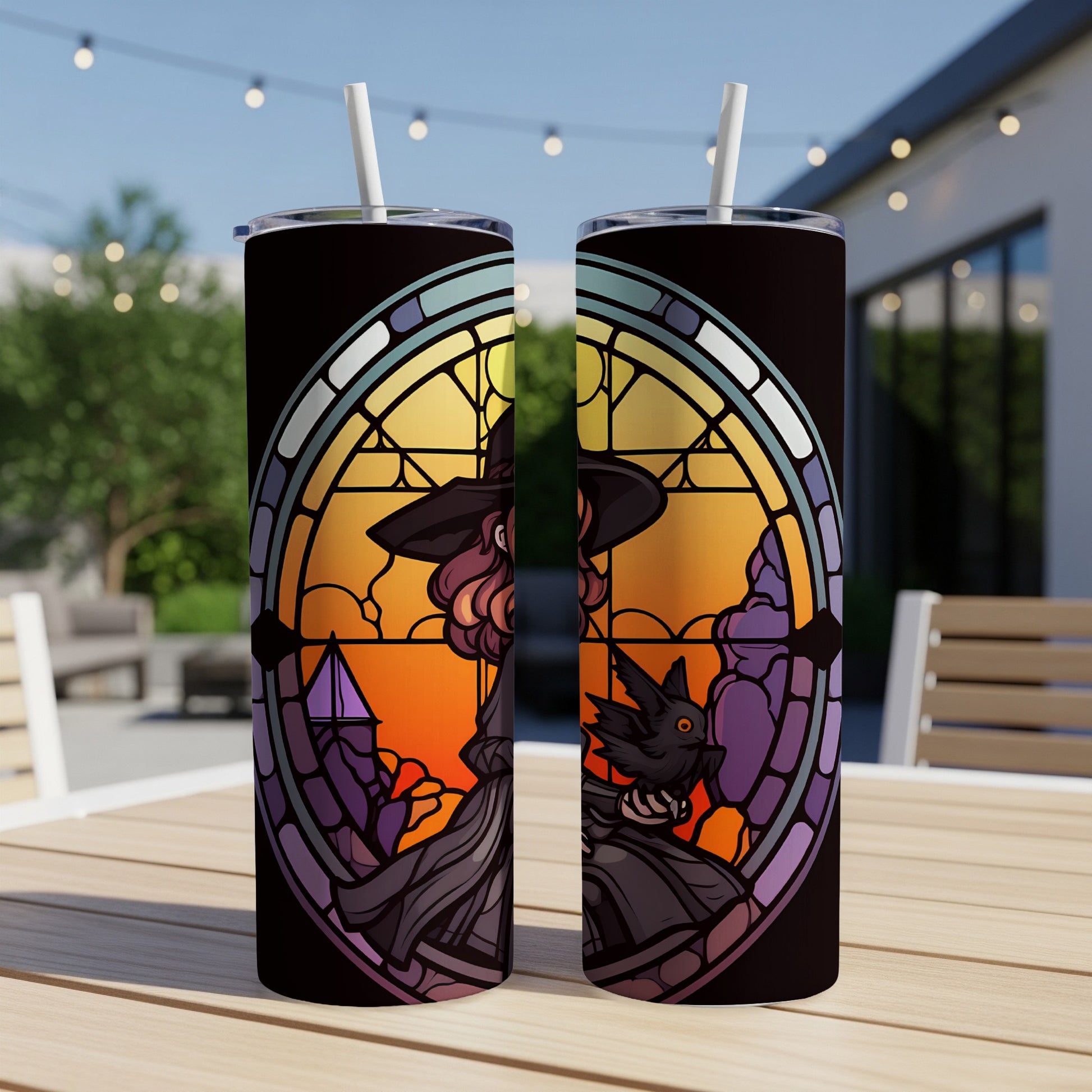 Stained glass tumbler with witch and raven design.