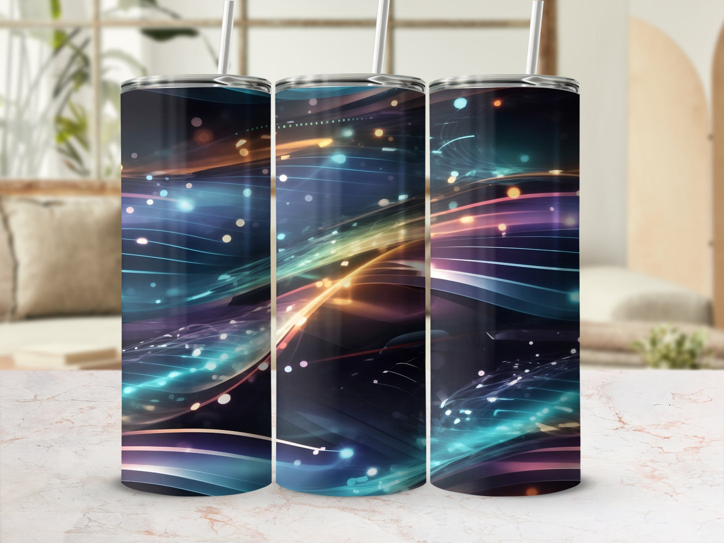 Luminous Streaks Glowing Dots Abstract Pattern Tumbler product type