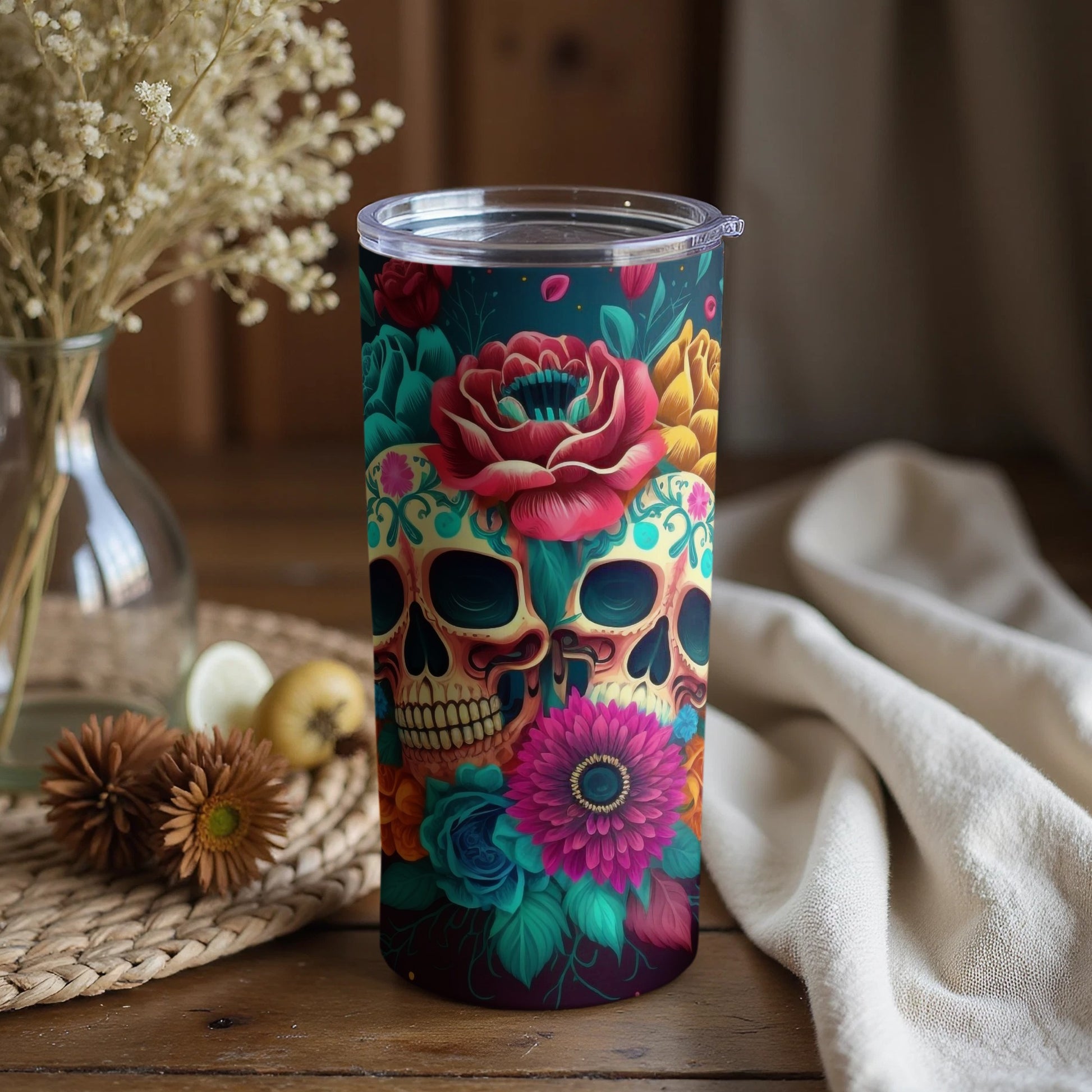 Colorful Skull and Floral Pattern Tumbler Design