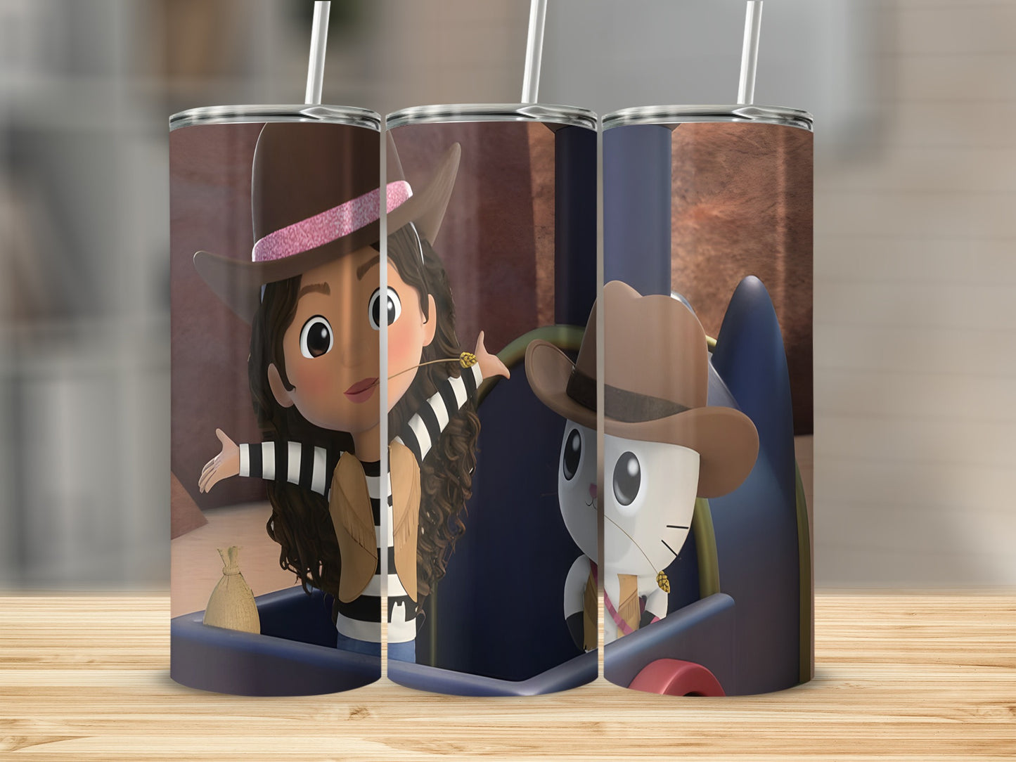 Cowgirl and cat characters in cartoon style on a tumbler.
