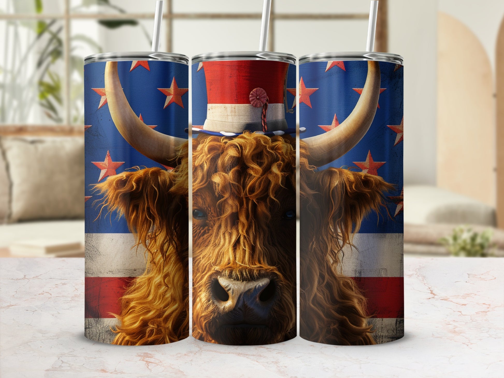 Highland cow wearing a patriotic hat and stars and stripes pattern tumbler.