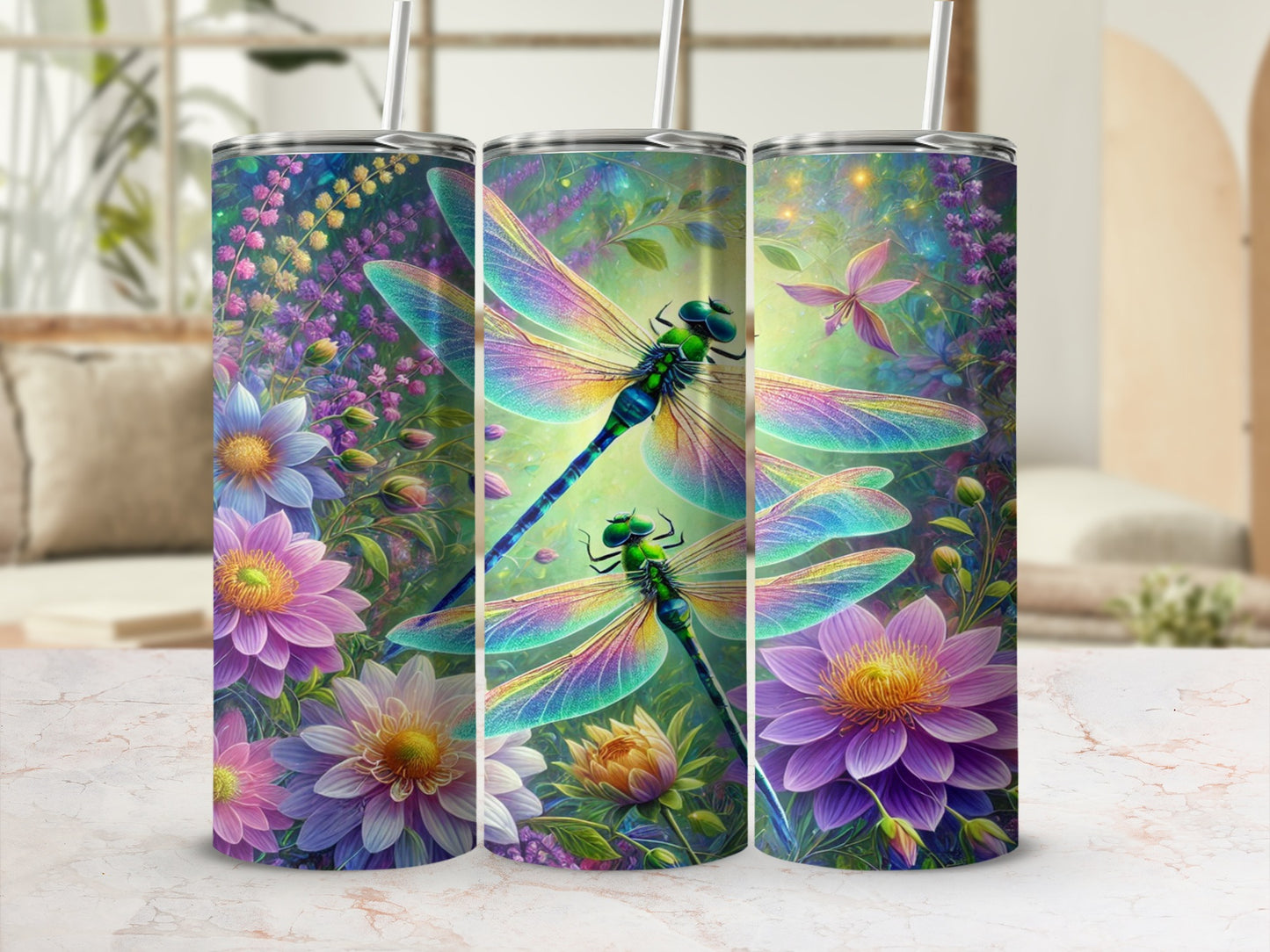 Vibrant Dragonfly and Floral Print Insulated Tumbler