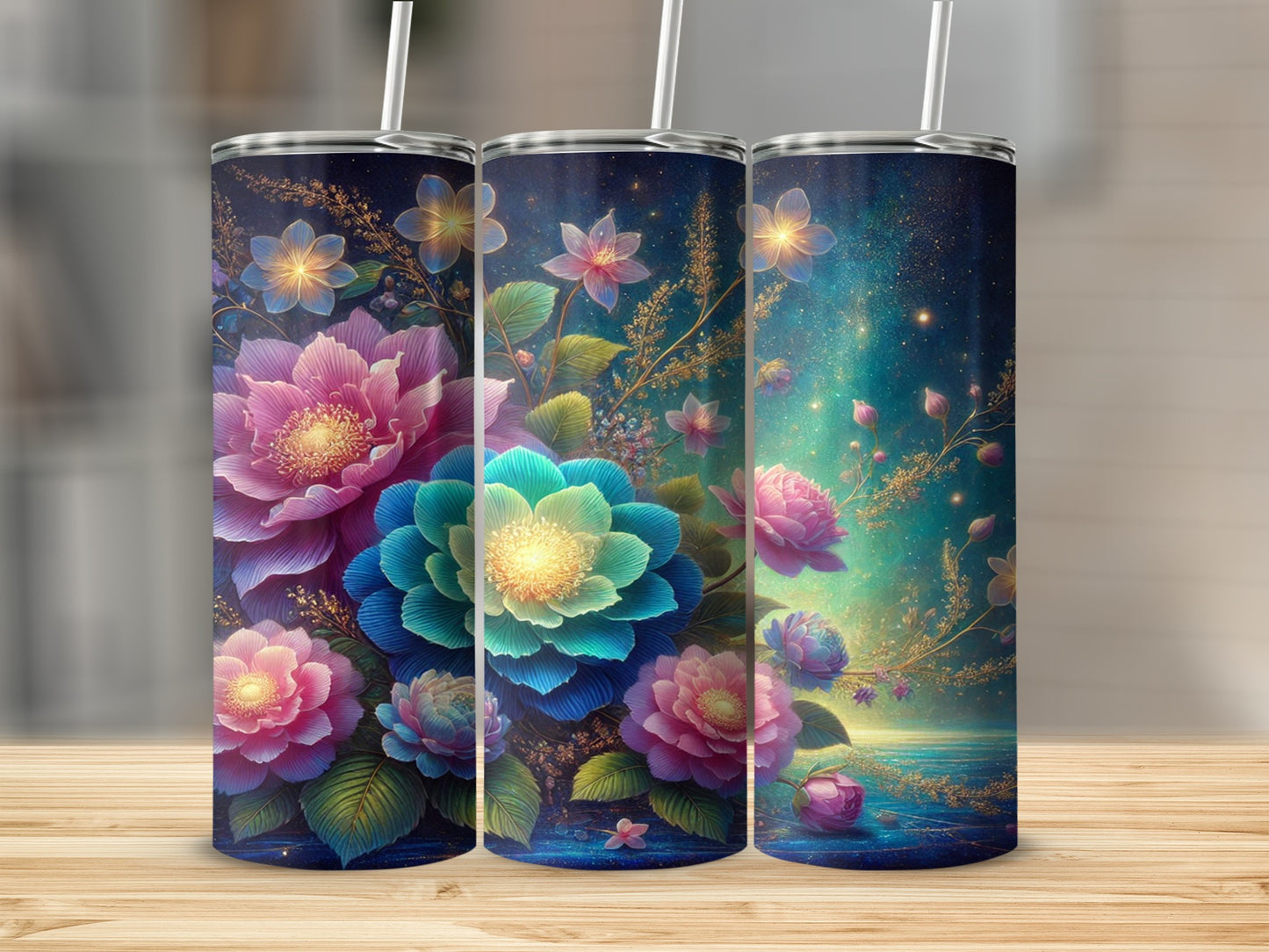 Colorful Floral Design Tumbler with Straw