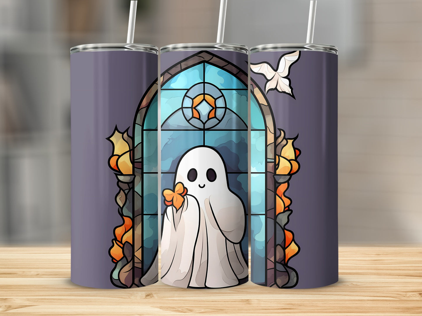 Ghost in stained glass window with flames and dove.