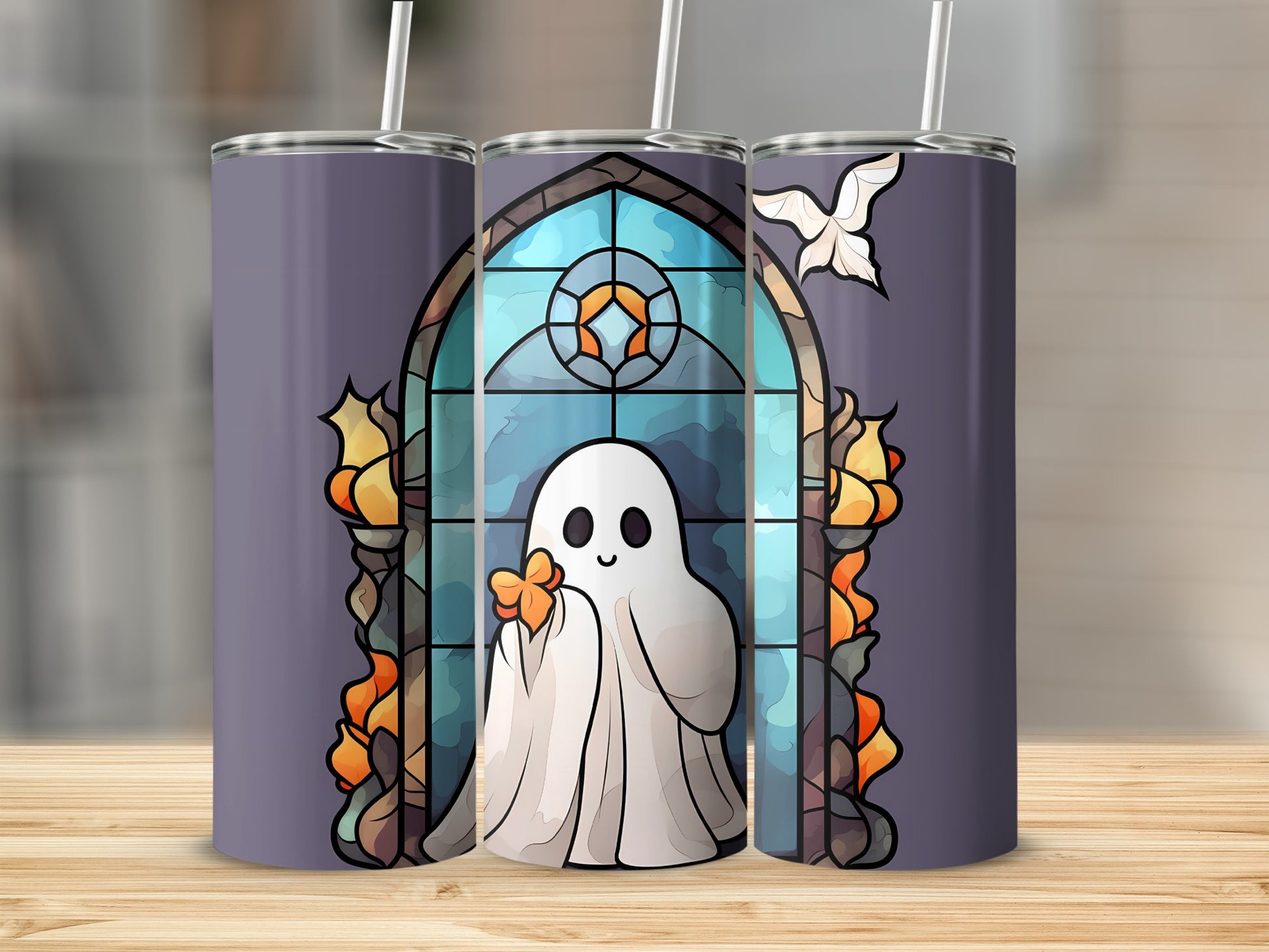 Ghost in stained glass window with flames and dove.