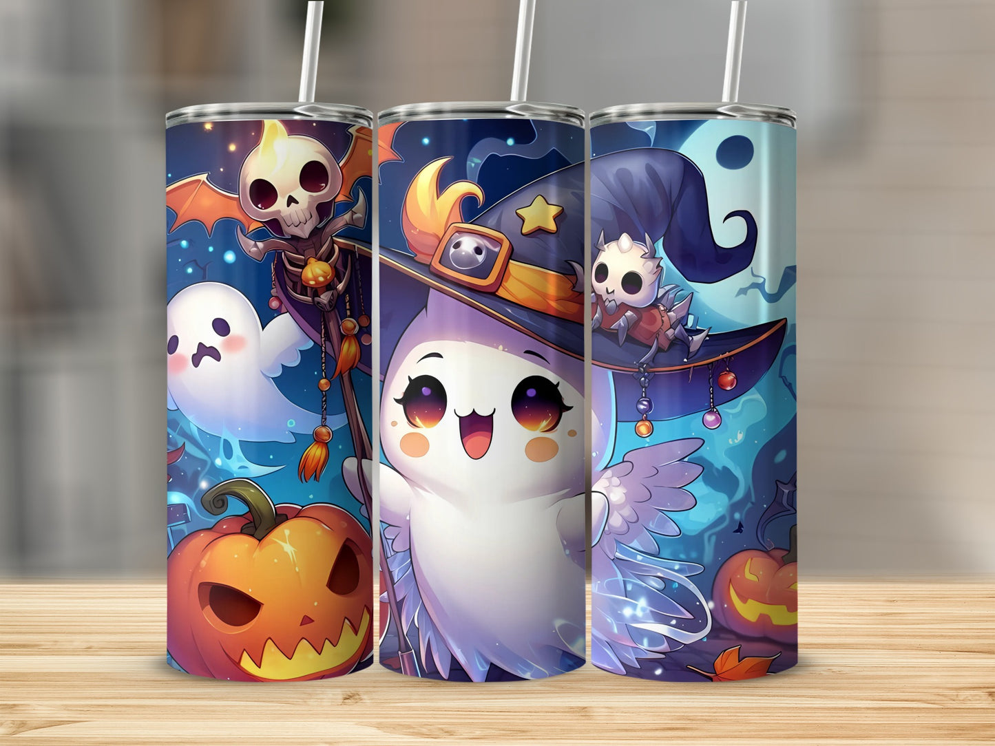 Halloween Themed Ghost and Pumpkin Design Tumbler