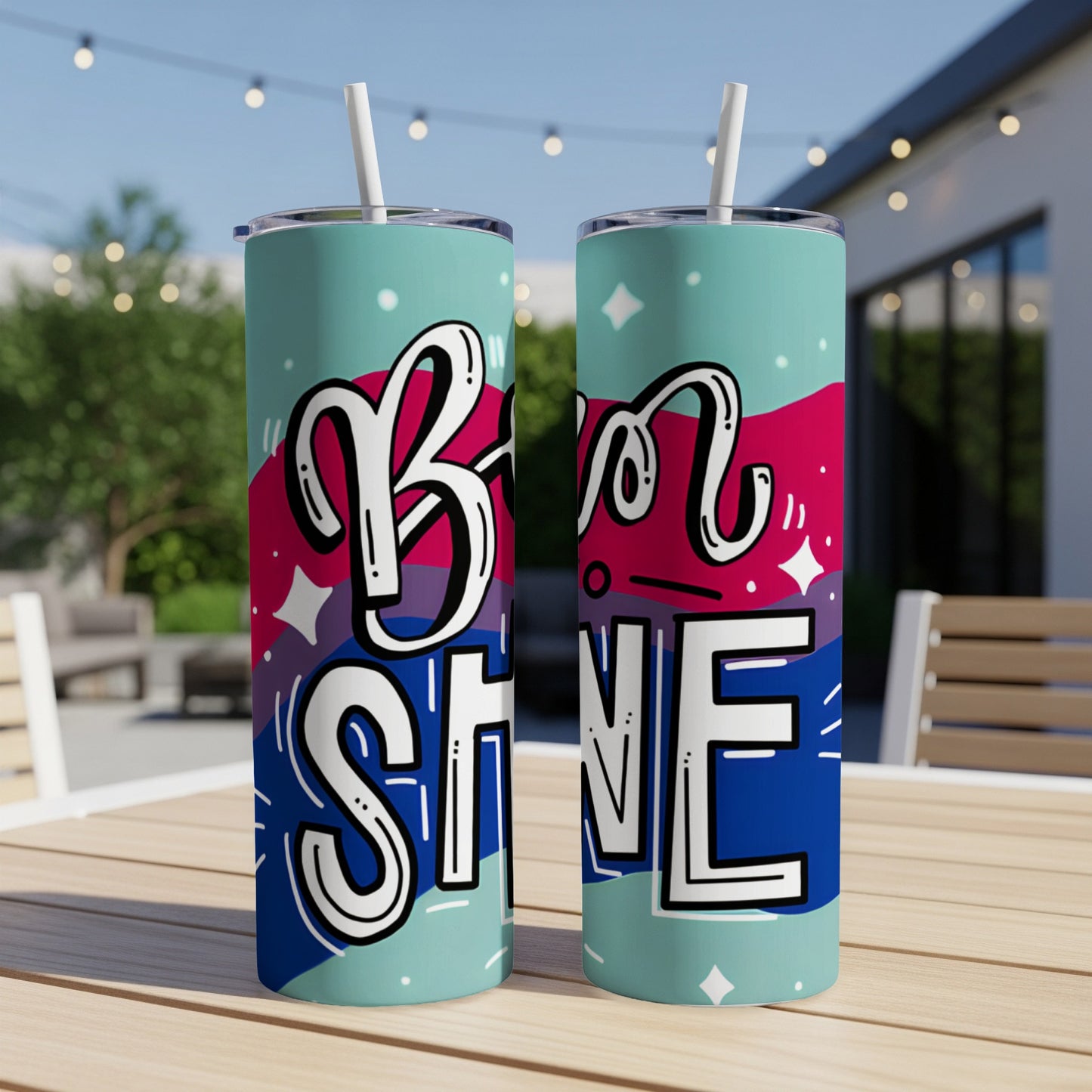 Two tall tumblers with "Shine Bright" text and bisexual flag colors.