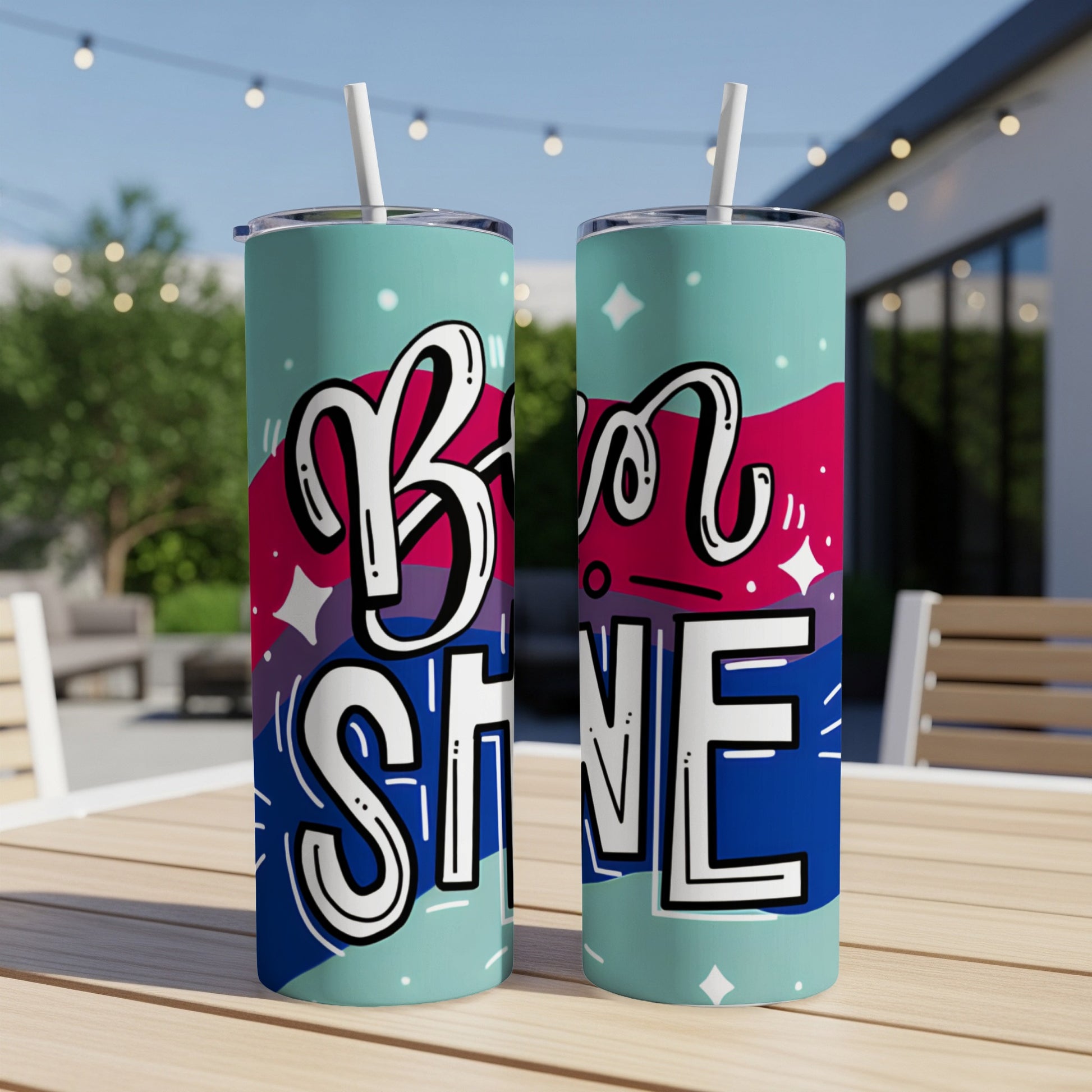 Two tall tumblers with "Shine Bright" text and bisexual flag colors.