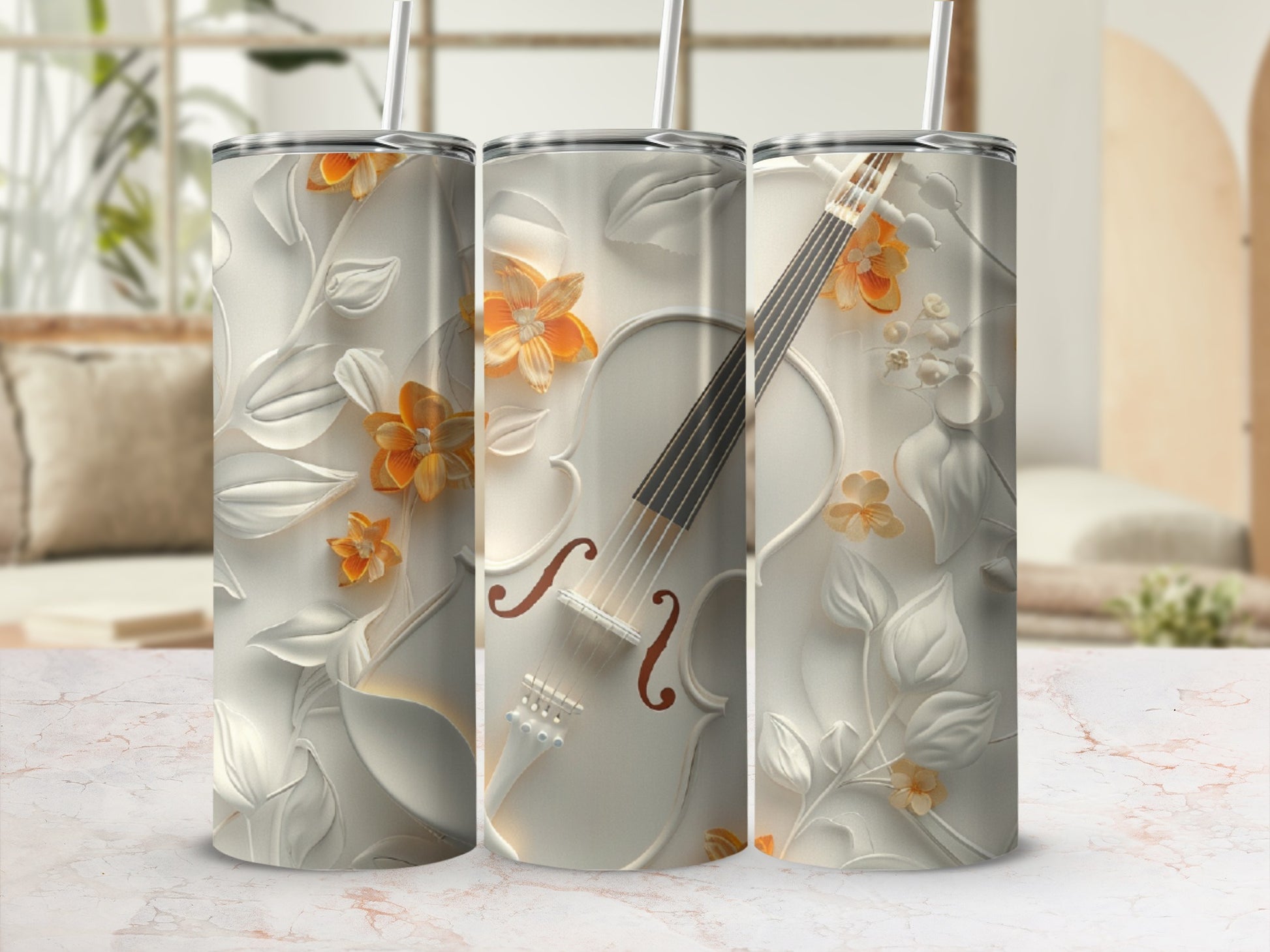 Triptych of tumblers featuring embossed white floral designs and a violin.
