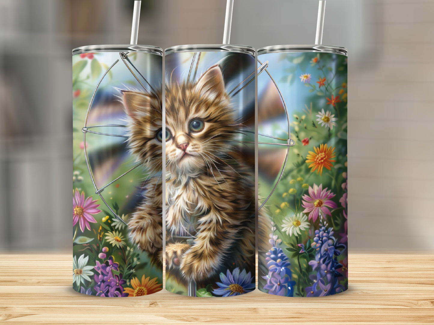 Kitten surrounded by colorful flowers in a garden.