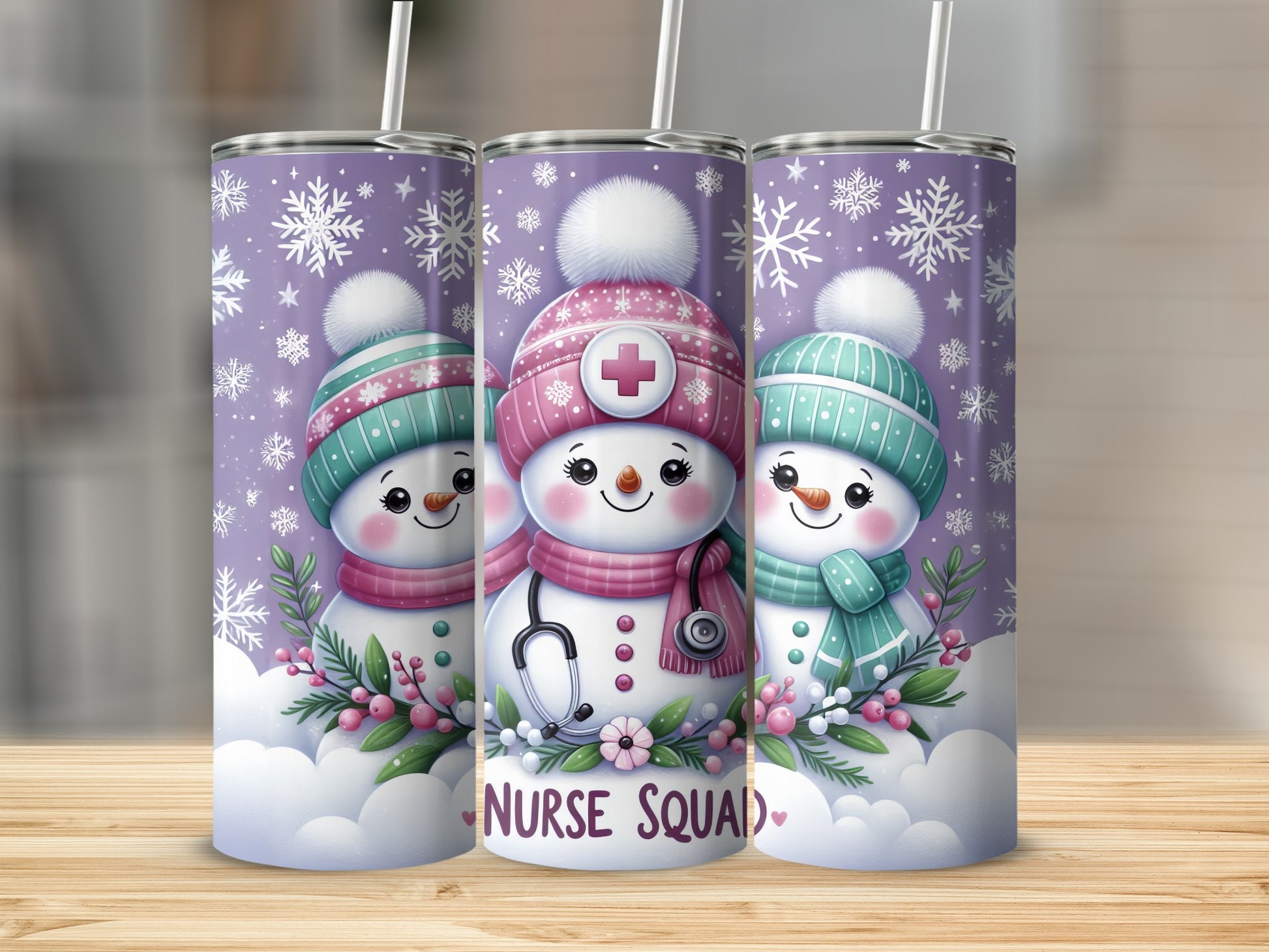 Three smiling snowmen in winter hats and scarves, one with a stethoscope, saying "Nurse Squad."