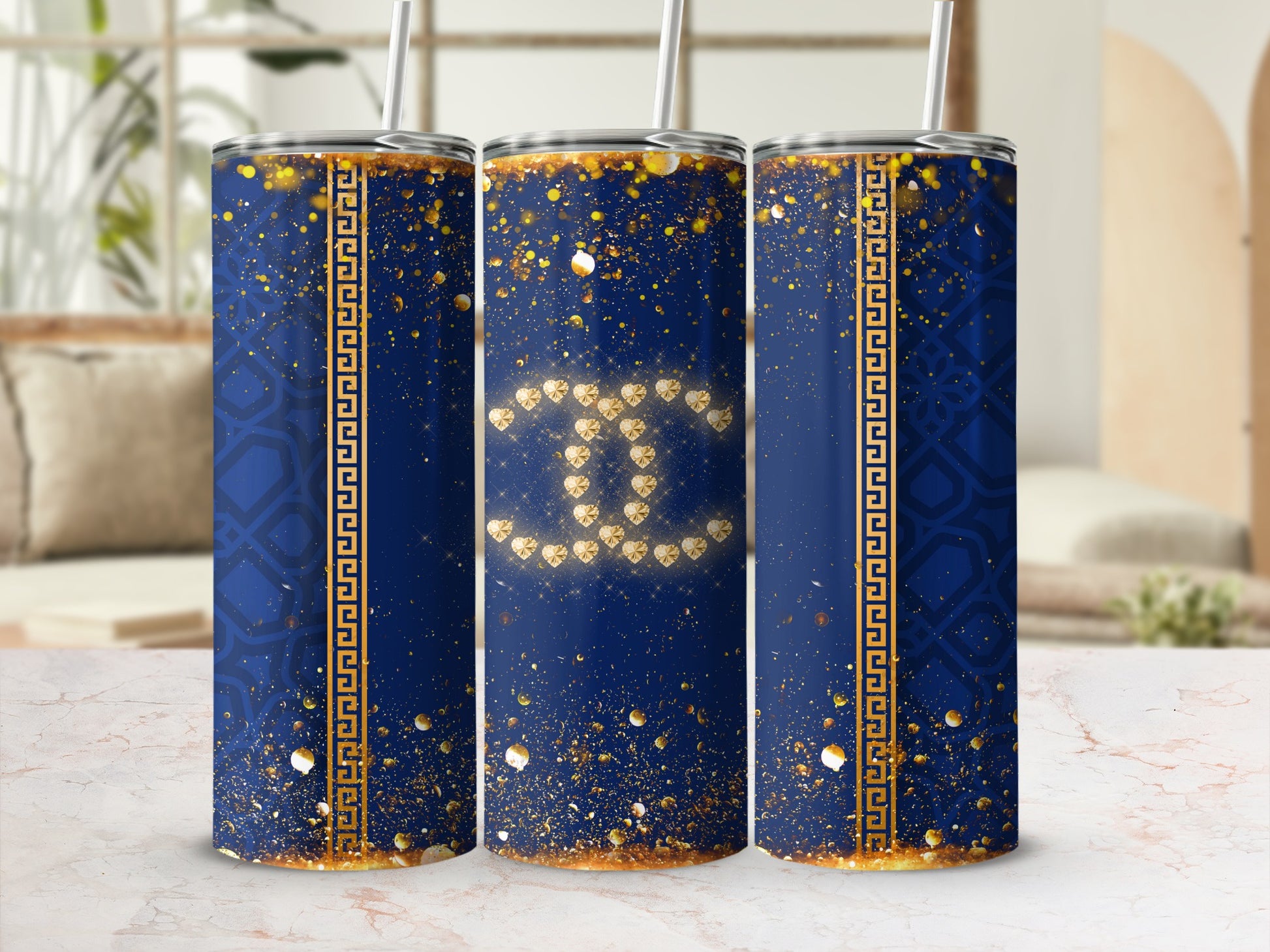Luxurious Blue and Gold Tumbler with Glitter Design