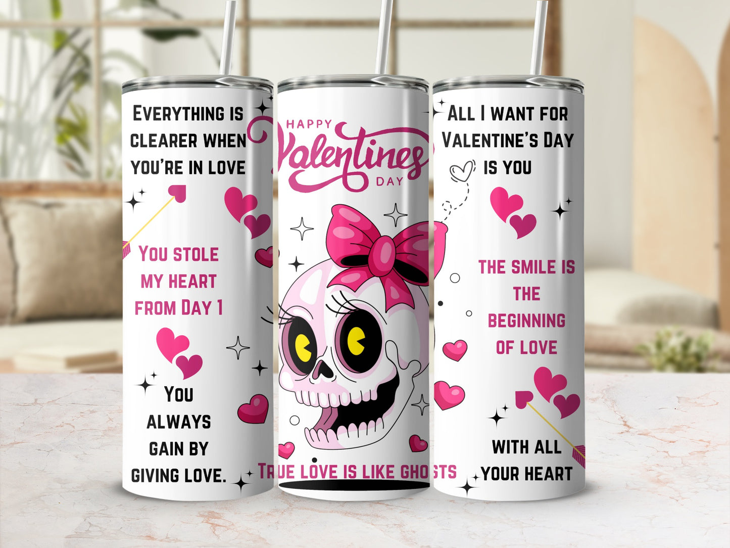 Valentine's Day Skull Themed Tumblers with Quotes